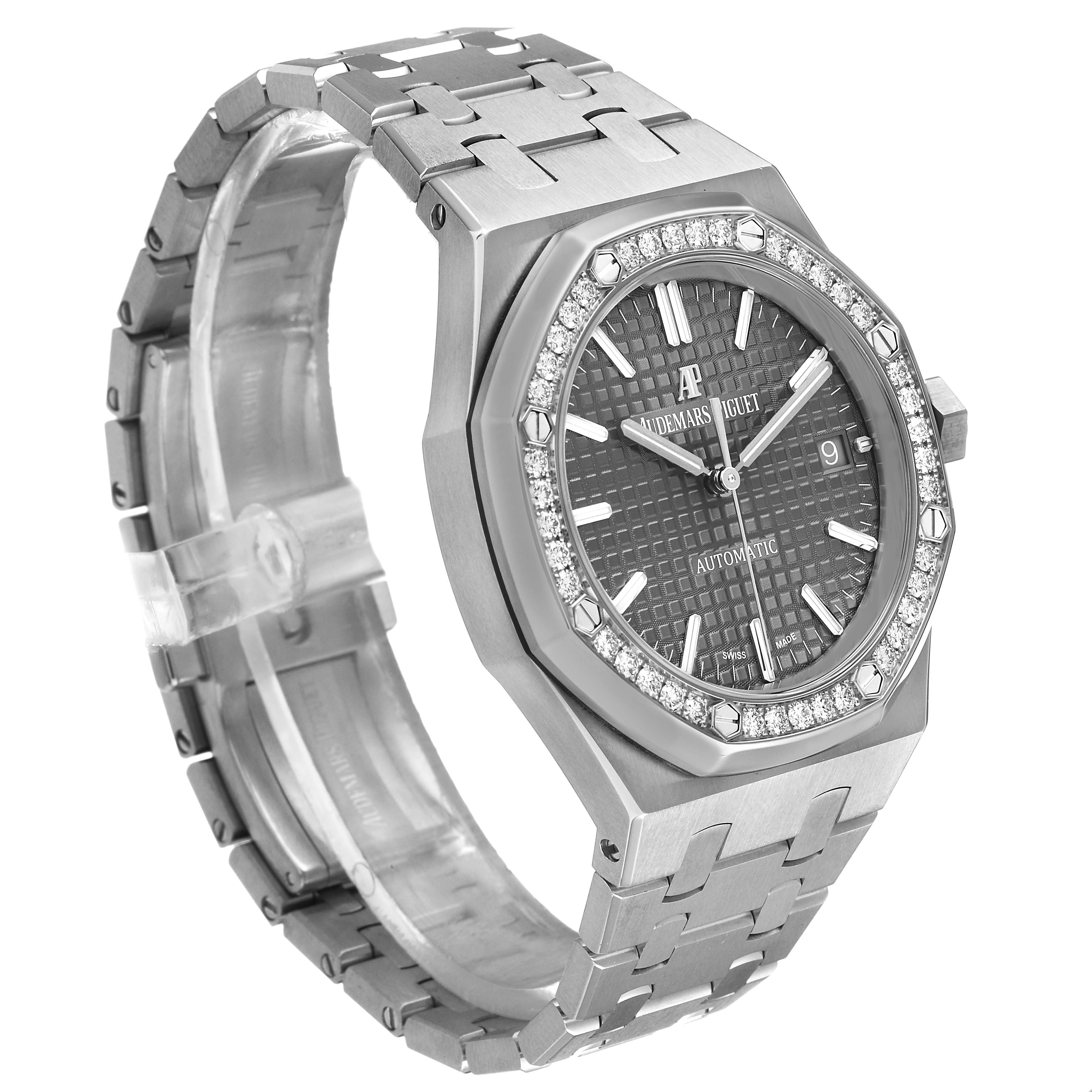 The Royal Oak by Audemars Piguet is shown at a three-quarter angle, displaying its dial, bezel, and bracelet.