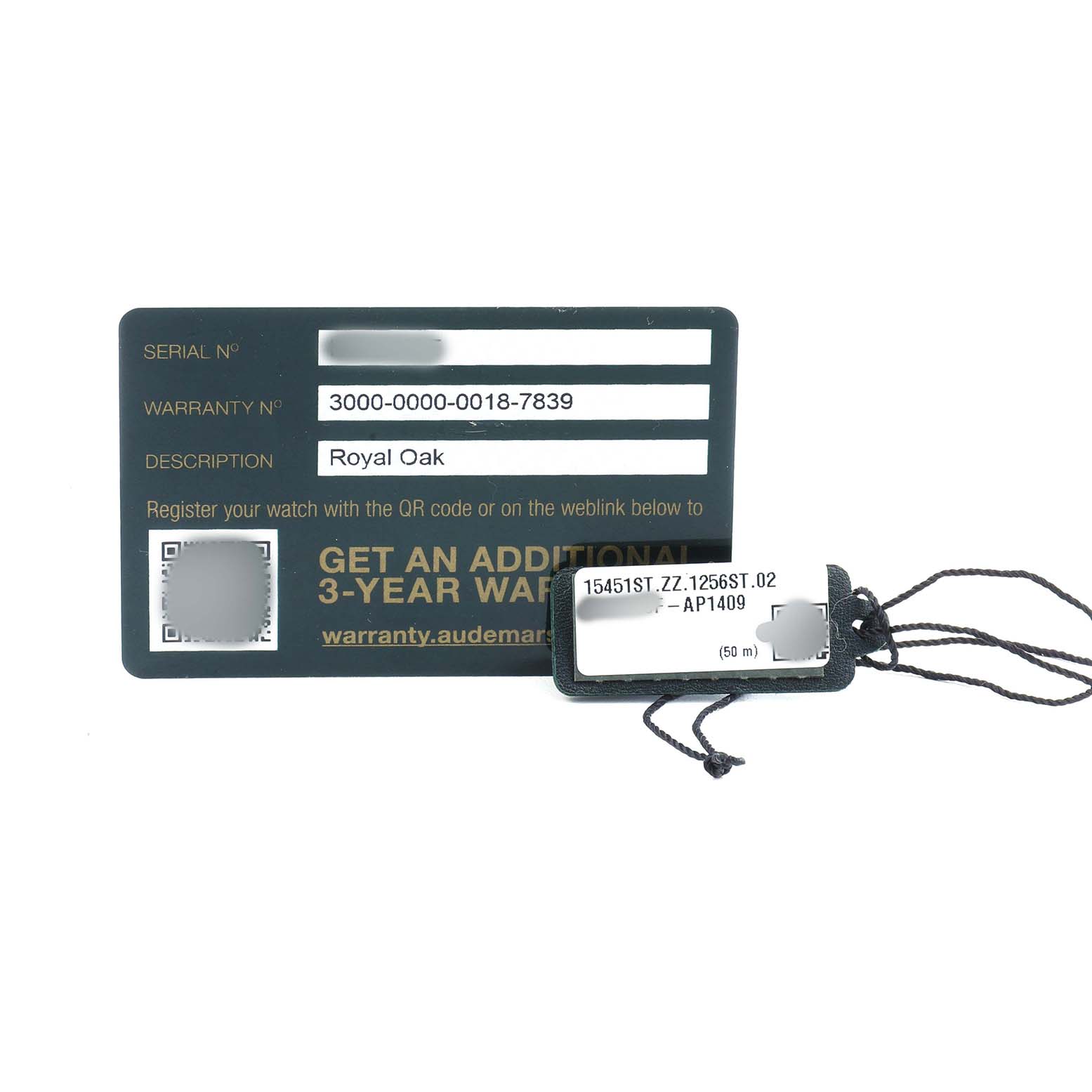 The image shows a warranty card and a tag for the Audemars Piguet Royal Oak 15451ST.XX.1256ST.02 Men's Stainless Steel Silver Dial model.