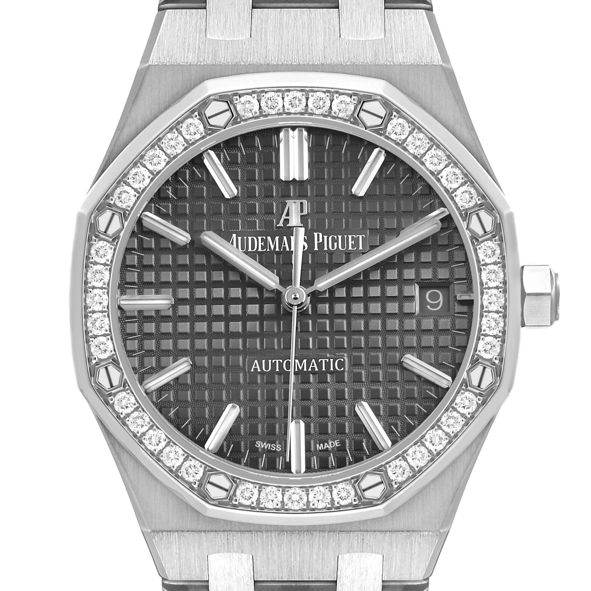 The image shows a front view of an Audemars Piguet Royal Oak 15451ST.XX.1256ST.02 Men's Stainless Steel Silver Dial watch, highlighting the diamond bezel, black pattern dial, and bracelet top.