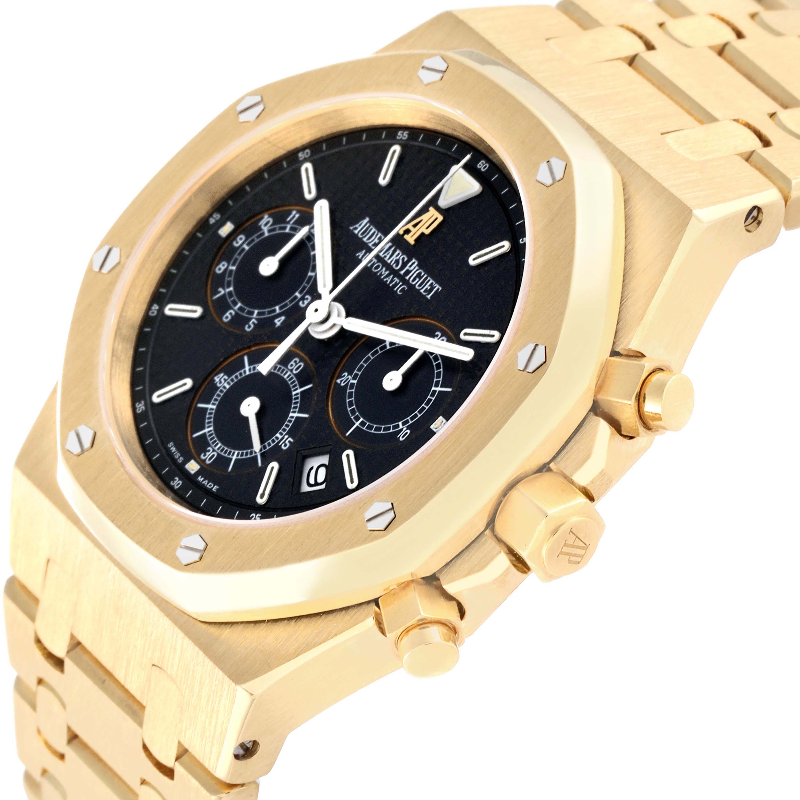 This image shows a close-up, angle view of an Audemars Piguet Royal Oak 25860BA.OO.1110BA.01 Men's Yellow Gold Black Dial 25860BA.OO.1110BA.01 Men's Yellow Gold Black Dial watch, highlighting its case, bezel, dial, and bracelet.