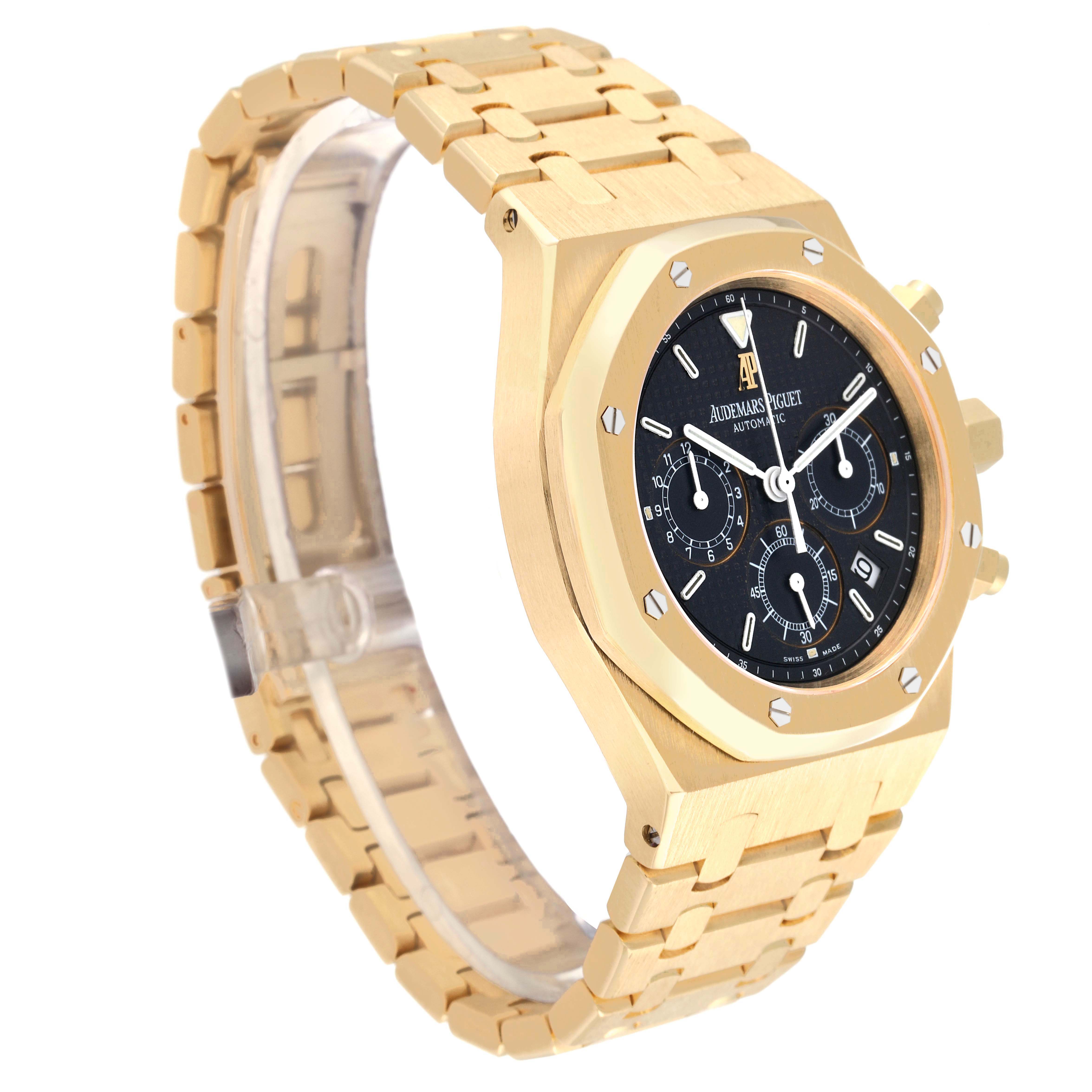 The image shows a side angle of an Audemars Piguet Royal Oak 25860BA.OO.1110BA.01 Men's Yellow Gold Black Dial 25860BA.OO.1110BA.01 Men's Yellow Gold Black Dial watch, highlighting its gold case, bracelet, and black dial.