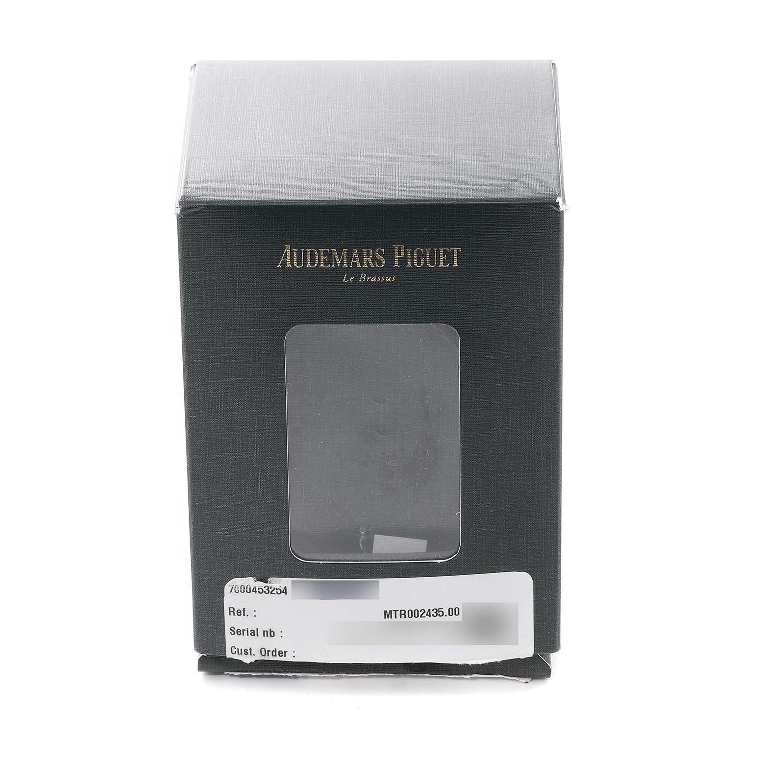 This image shows the packaging box of an Audemars Piguet Royal Oak 25860BA.OO.1110BA.01 Men's Yellow Gold Black Dial 25860BA.OO.1110BA.01 Men's Yellow Gold Black Dial watch, viewed from the front.