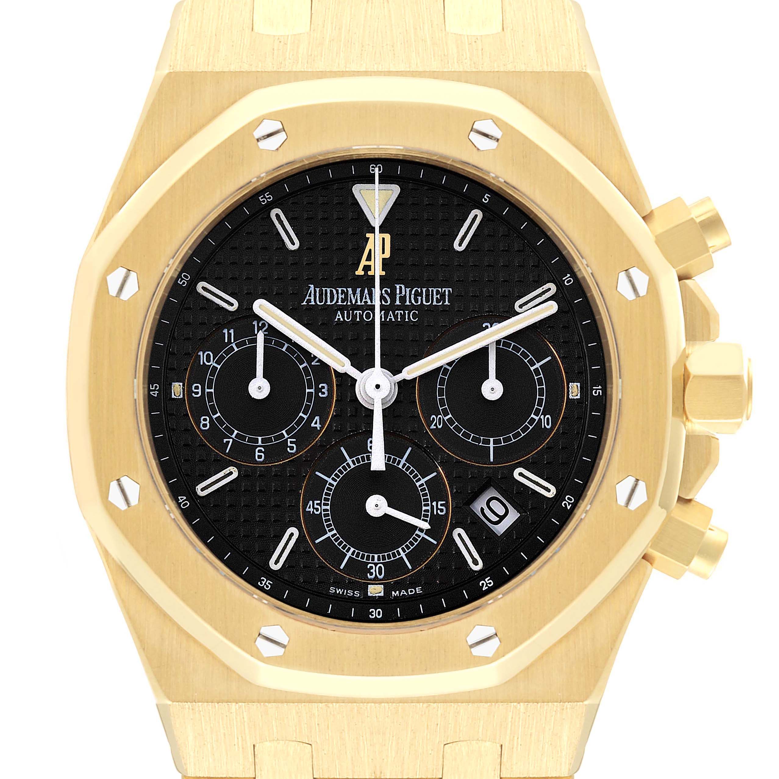 The image shows a frontal view of the Audemars Piguet Royal Oak 25860BA.OO.1110BA.01 Men's Yellow Gold Black Dial 25860BA.OO.1110BA.01 Men's Yellow Gold Black Dial watch, highlighting its dial, hands, subdials, and crown.