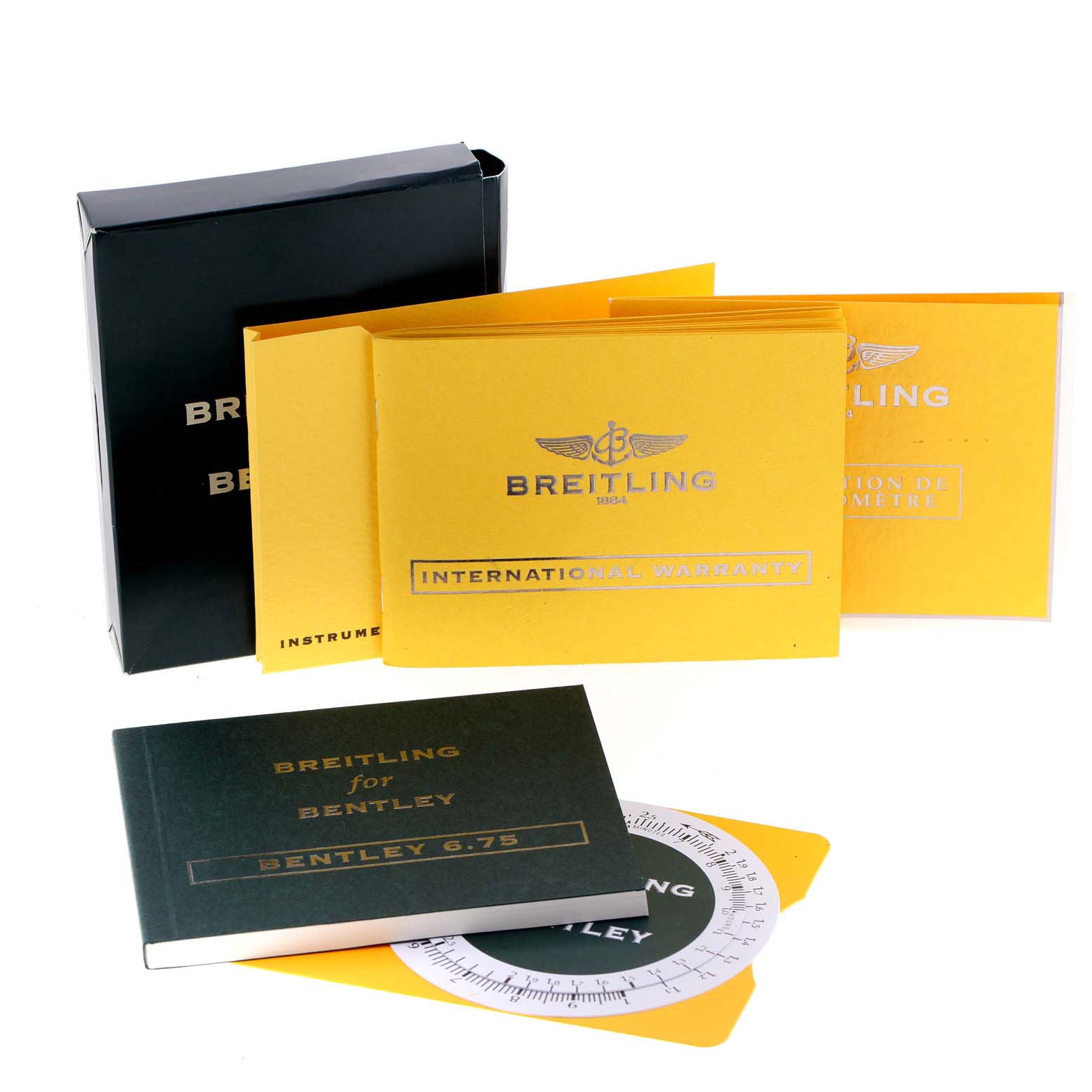 The image shows documentation and packaging for the Breitling Bentley A44362 Men's Stainless Steel Black Dial A44362 Men's Stainless Steel Black Dial model, including warranty and instruction booklets.