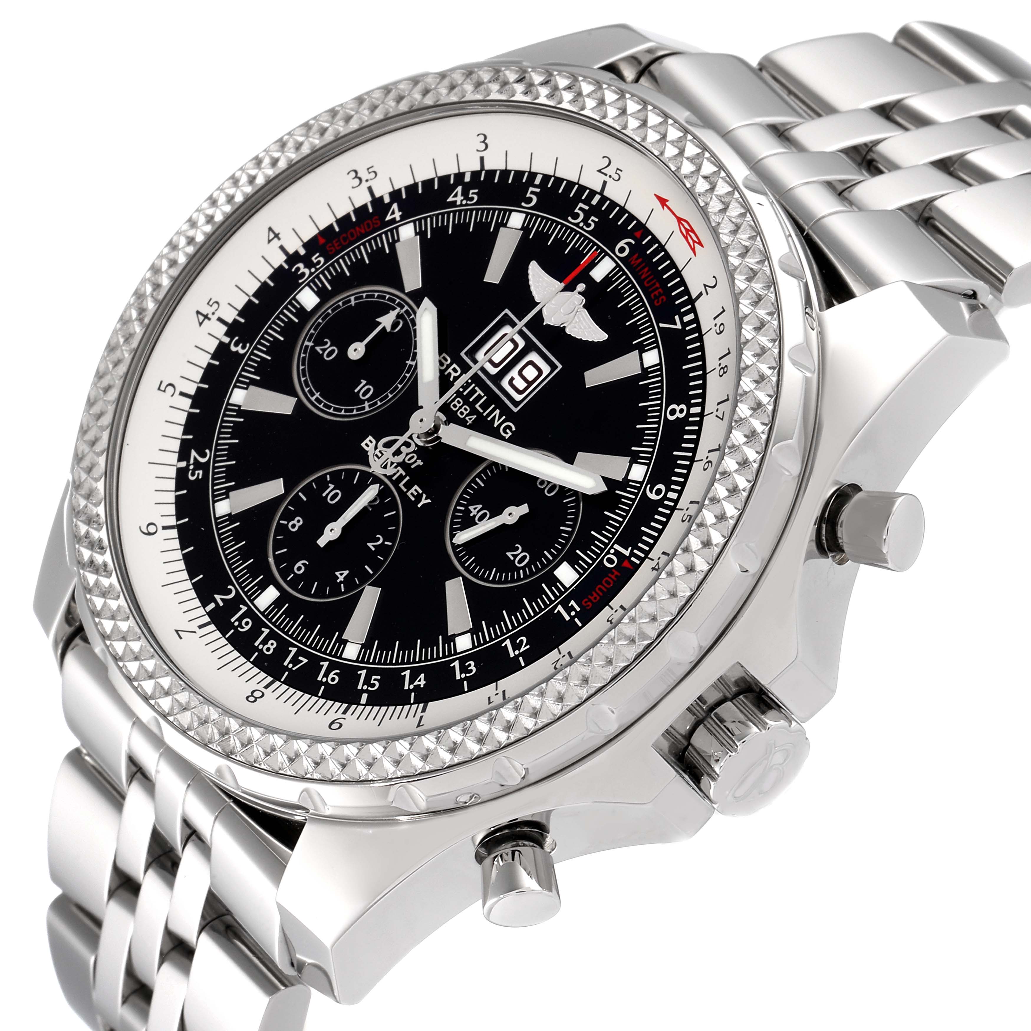 The image shows a Breitling Bentley A44362 Men's Stainless Steel Black Dial A44362 Men's Stainless Steel Black Dial model watch at an oblique angle, highlighting the dial, bezel, chronograph, and metal bracelet.