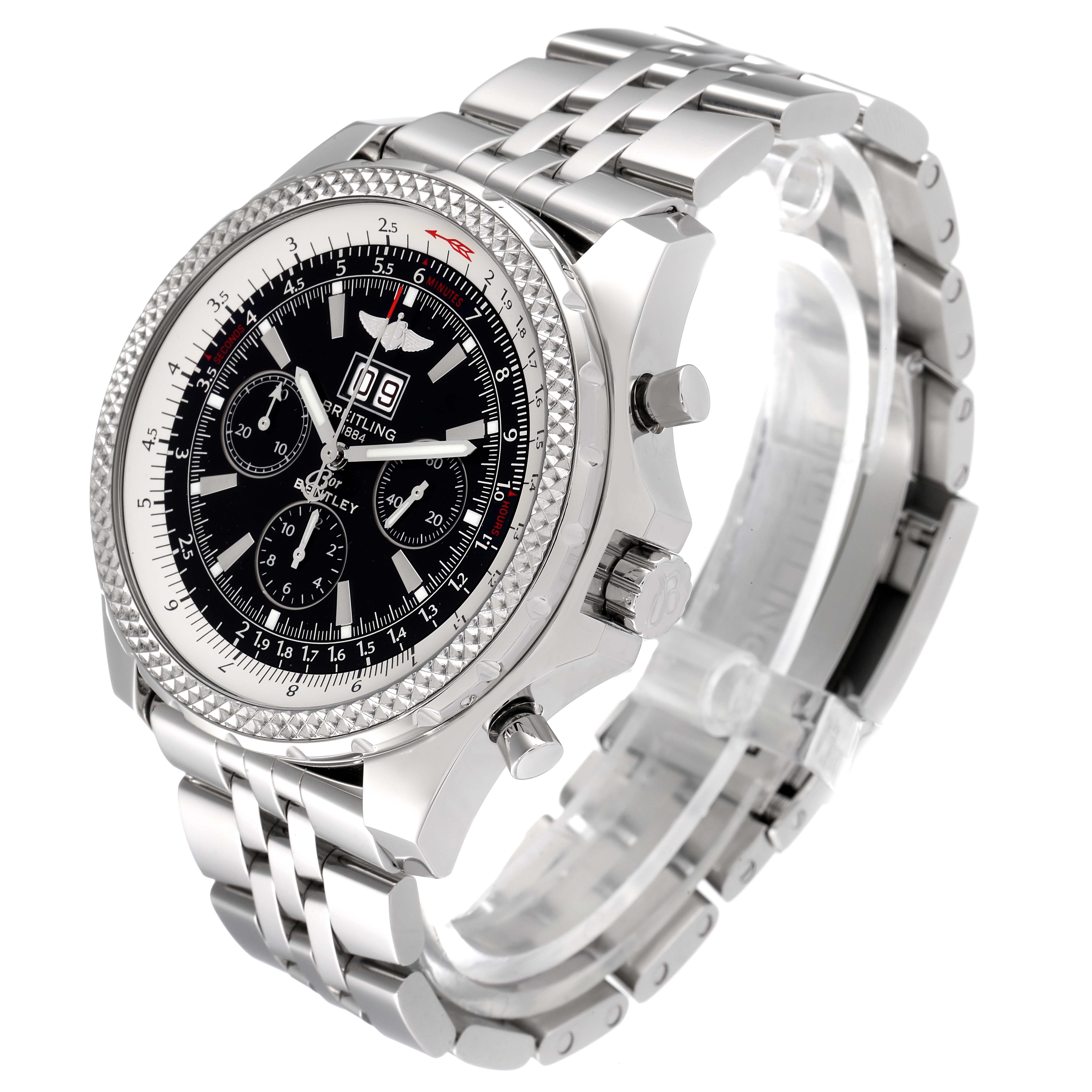 The Breitling Bentley A44362 Men's Stainless Steel Black Dial A44362 Men's Stainless Steel Black Dial watch is shown at a three-quarter angle, highlighting the dial, bezel, pushers, and metal bracelet.