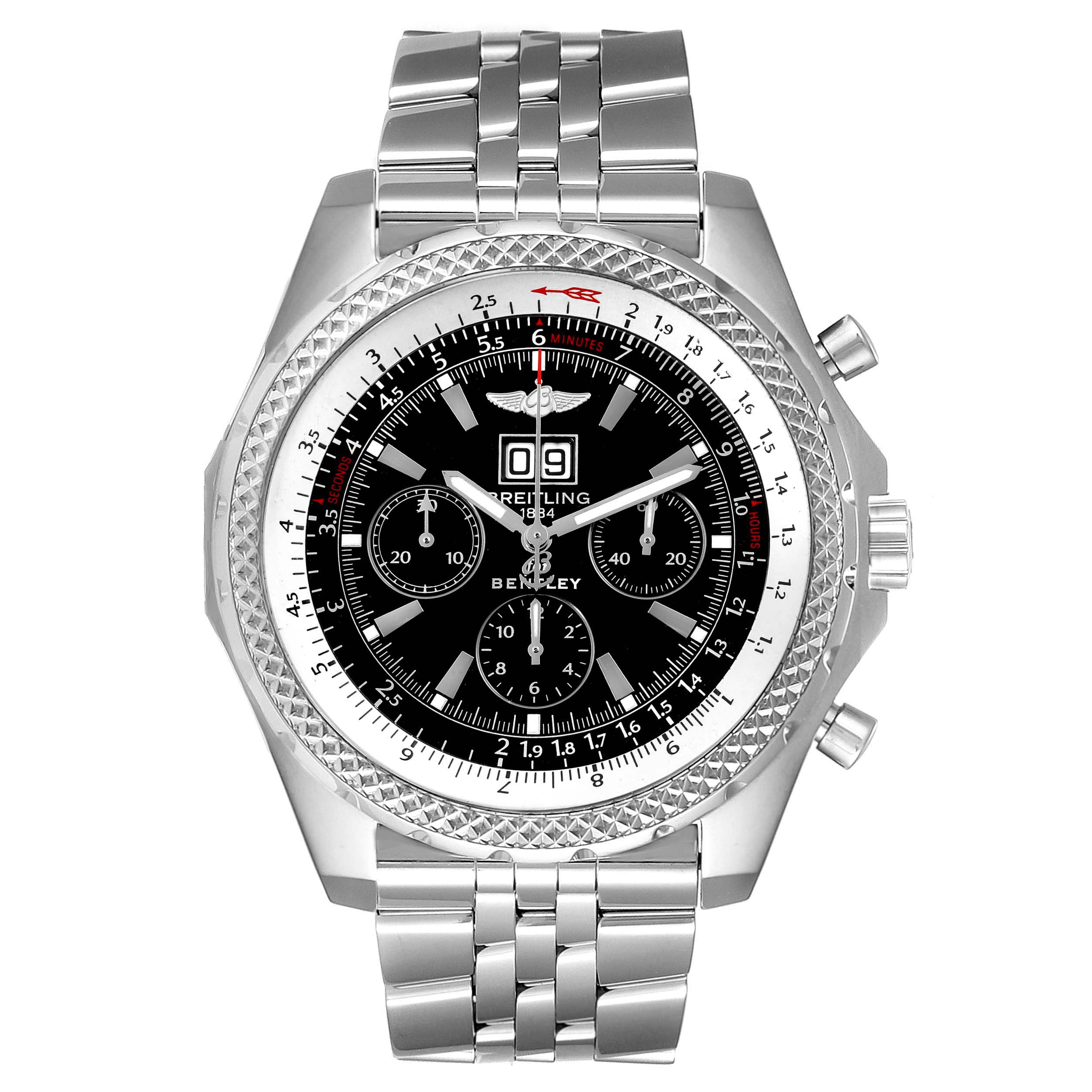 The image shows a front view of a Breitling Bentley A44362 Men's Stainless Steel Black Dial A44362 Men's Stainless Steel Black Dial watch, displaying its silver bracelet, black dial, and chronograph sub-dials.