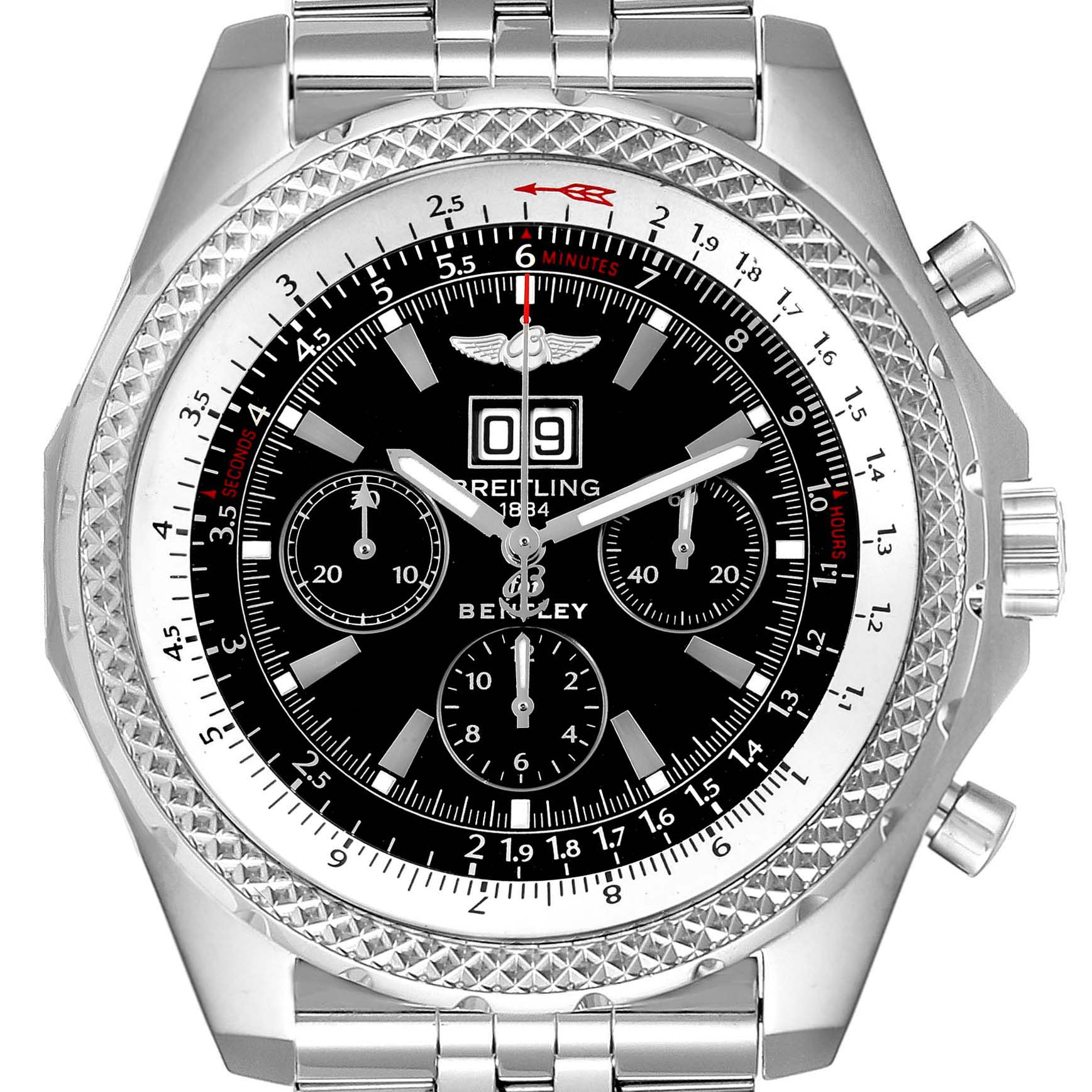 The image shows the face and bezel of a Breitling Bentley A44362 Men's Stainless Steel Black Dial A44362 Men's Stainless Steel Black Dial watch, viewed from the front.