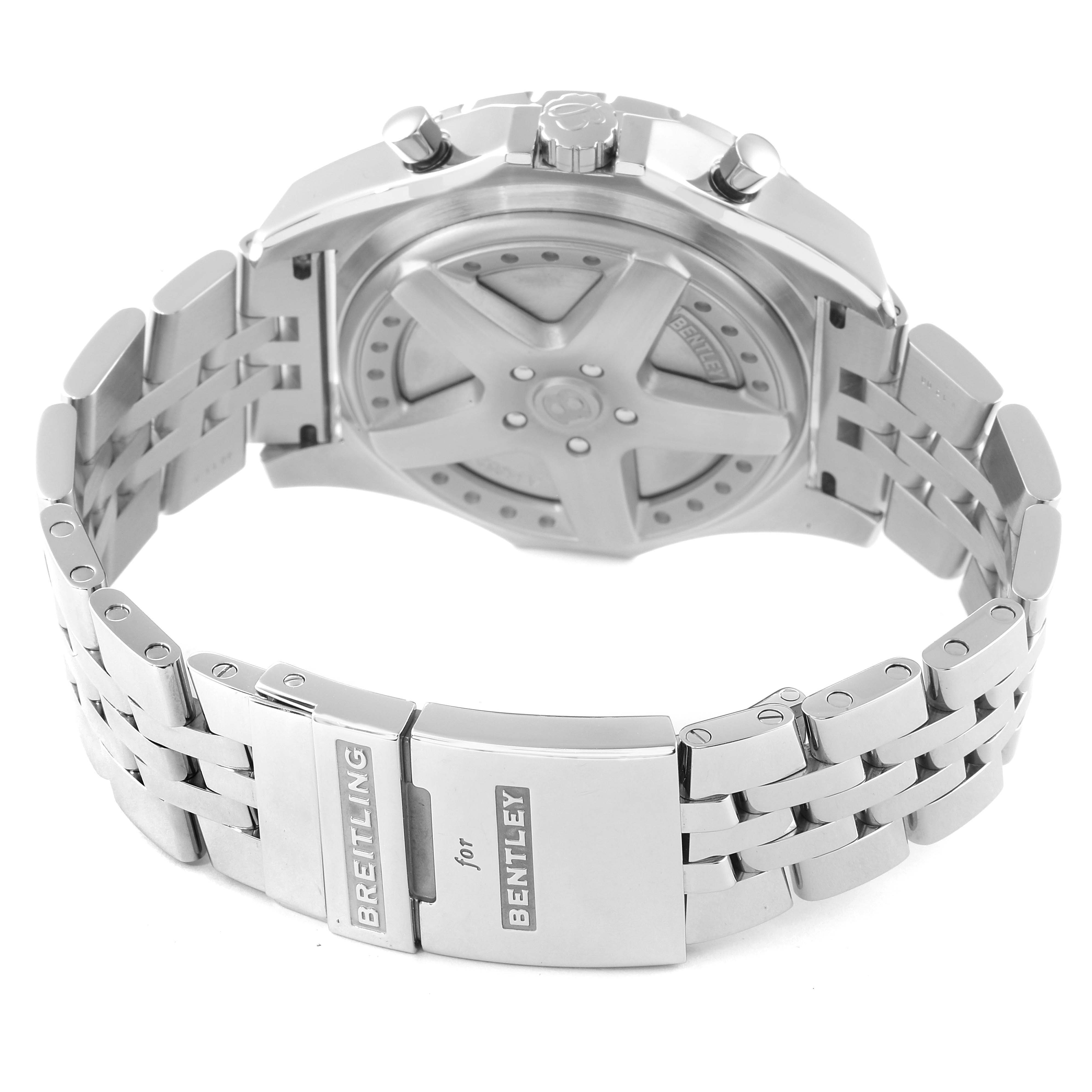 The image shows the back view of a Breitling for Bentley watch, highlighting the clasp, bracelet, and case back.