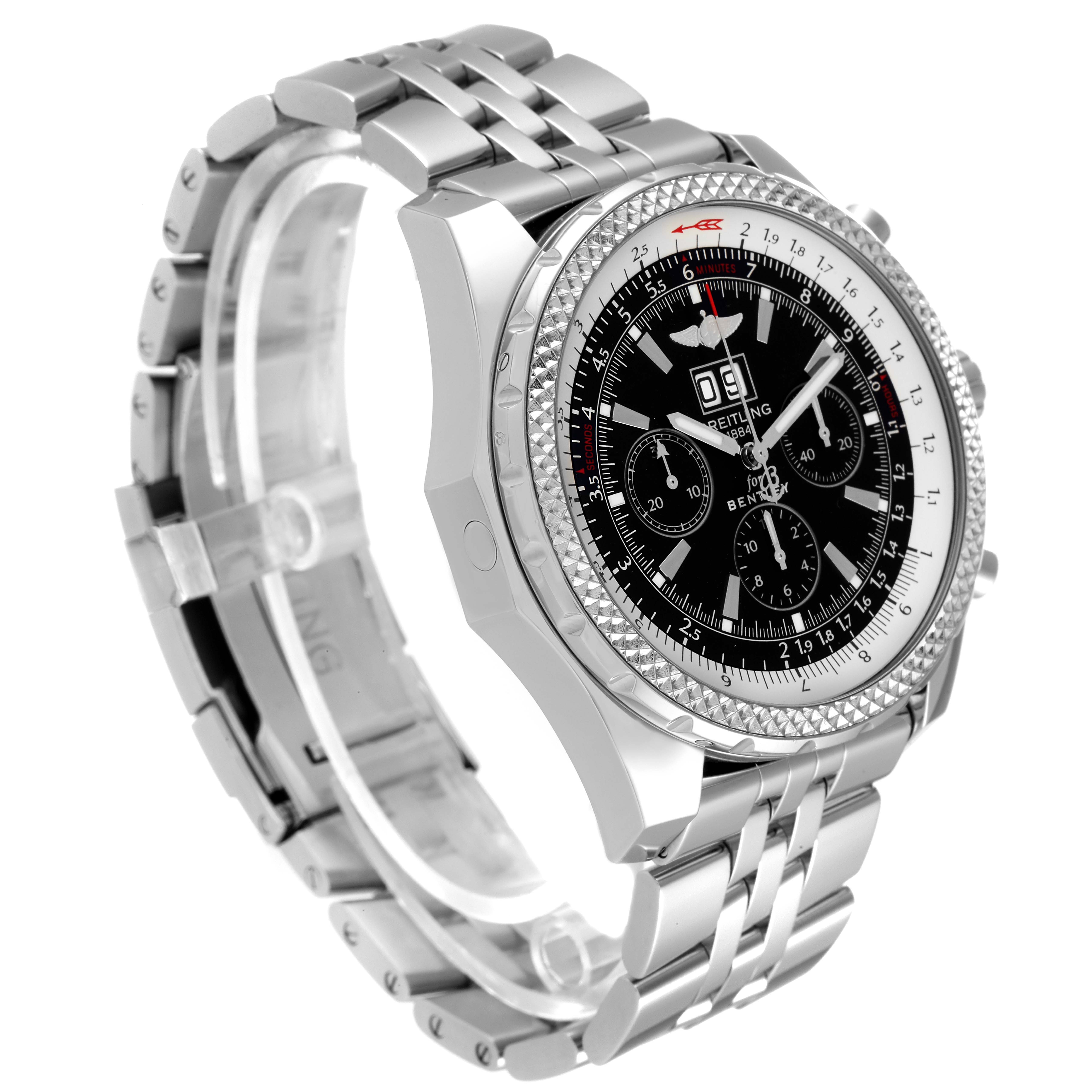 The image shows a side angle view of the Bentley model by Breitling, displaying the watch face, bezel, and metal bracelet.