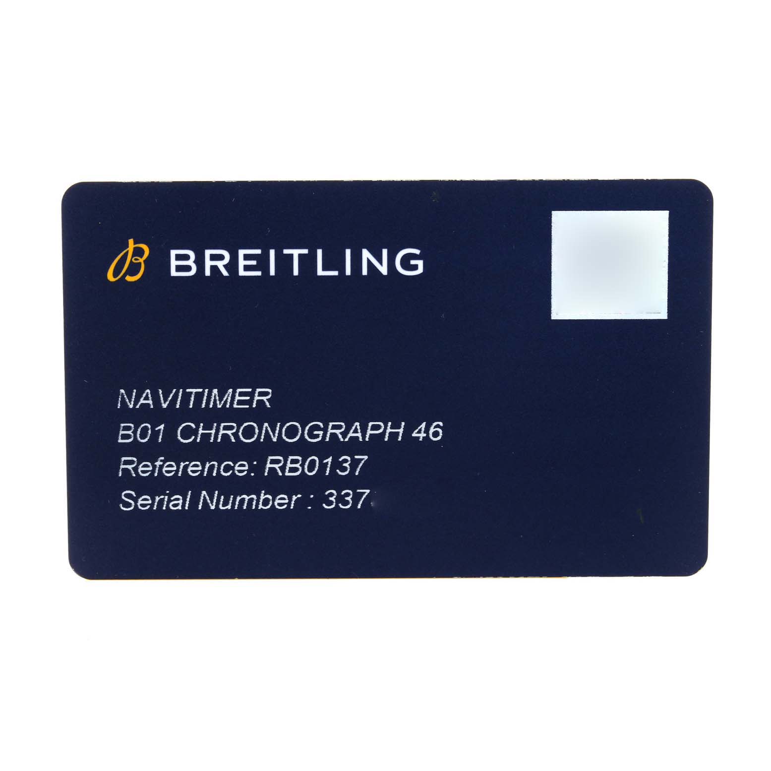This image shows a warranty card for the Breitling Navitimer RB0137 Men's Rose Gold Silver Dial RB0137 Men's Rose Gold Silver Dial B01 Chronograph 46 model with reference RB0137.
