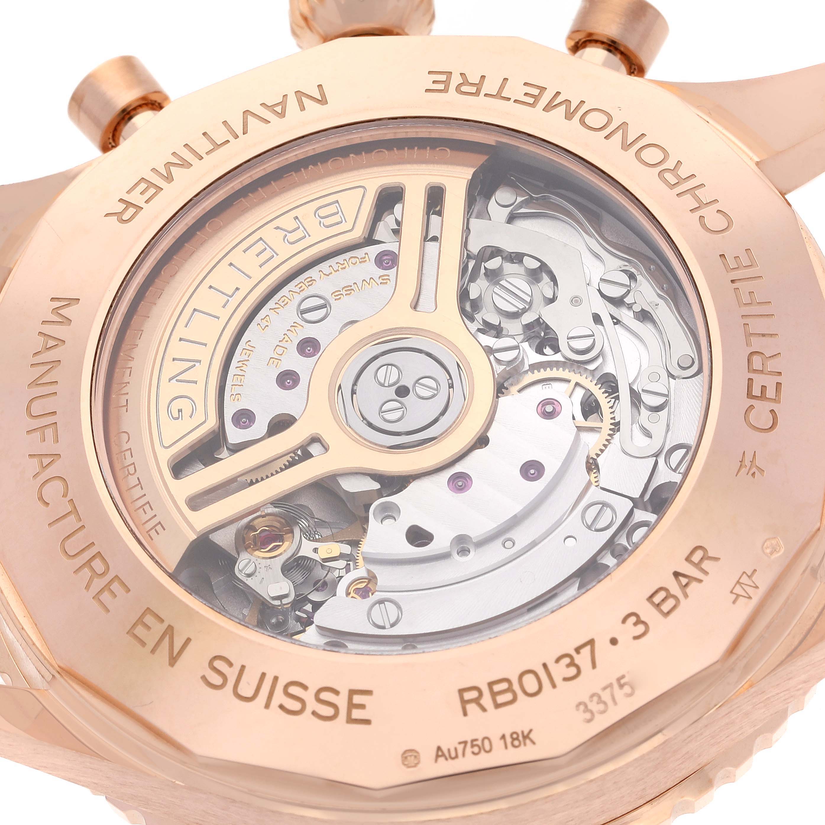 This image shows the back case and movement of a Breitling Navitimer RB0137 Men's Rose Gold Silver Dial RB0137 Men's Rose Gold Silver Dial watch.