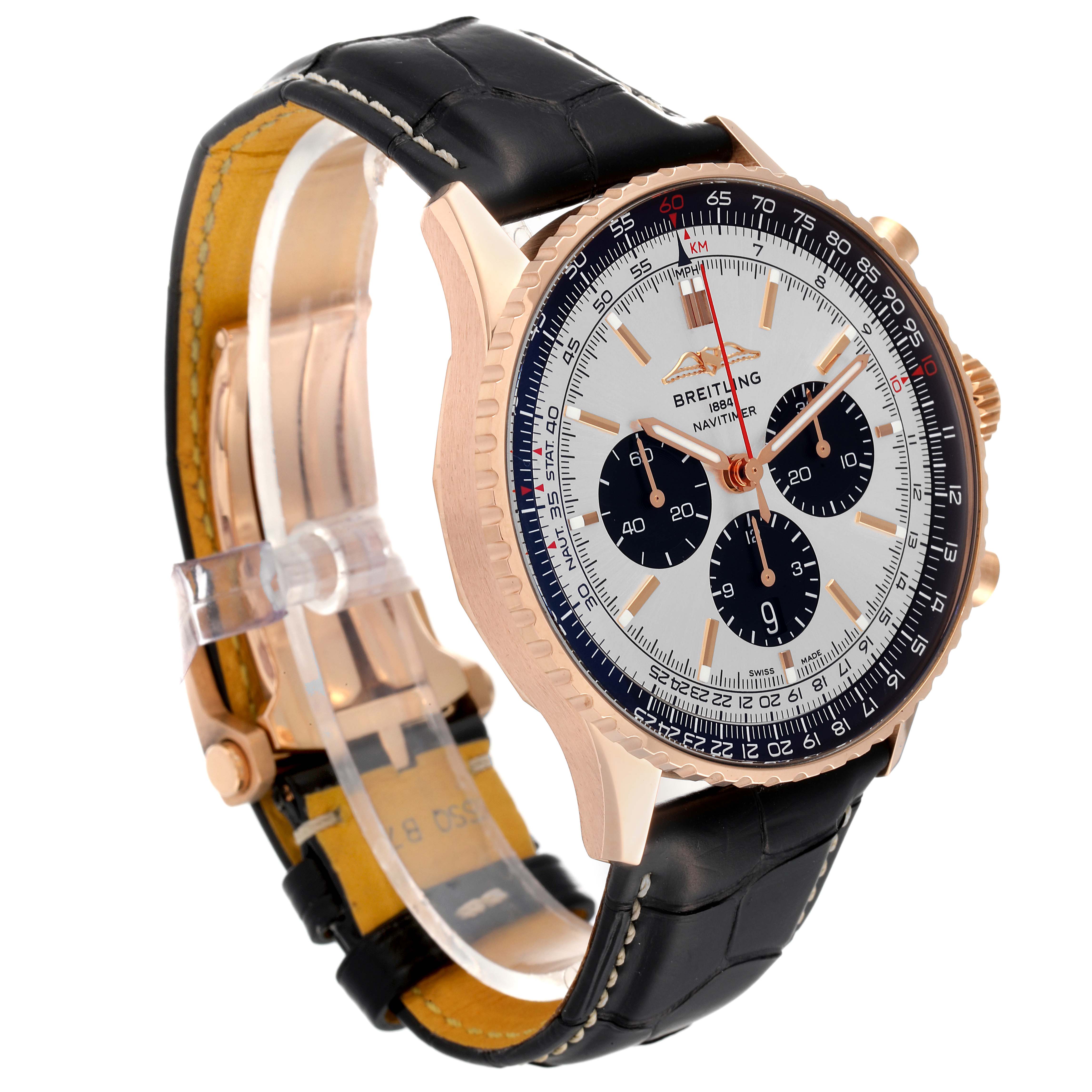 The Breitling Navitimer RB0137 Men's Rose Gold Silver Dial RB0137 Men's Rose Gold Silver Dial watch is shown at a three-quarter angle, highlighting its dial, bezel, and black leather strap.