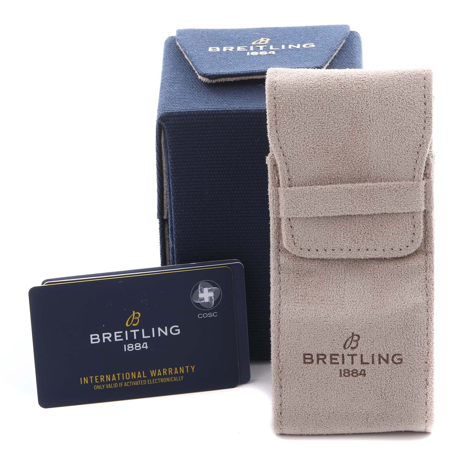 The image shows Breitling Navitimer AB0138 Men's Stainless Steel Blue Dial AB0138 Men's Stainless Steel Blue Dial accessories: a navy box, a beige suede pouch, and an international warranty card.