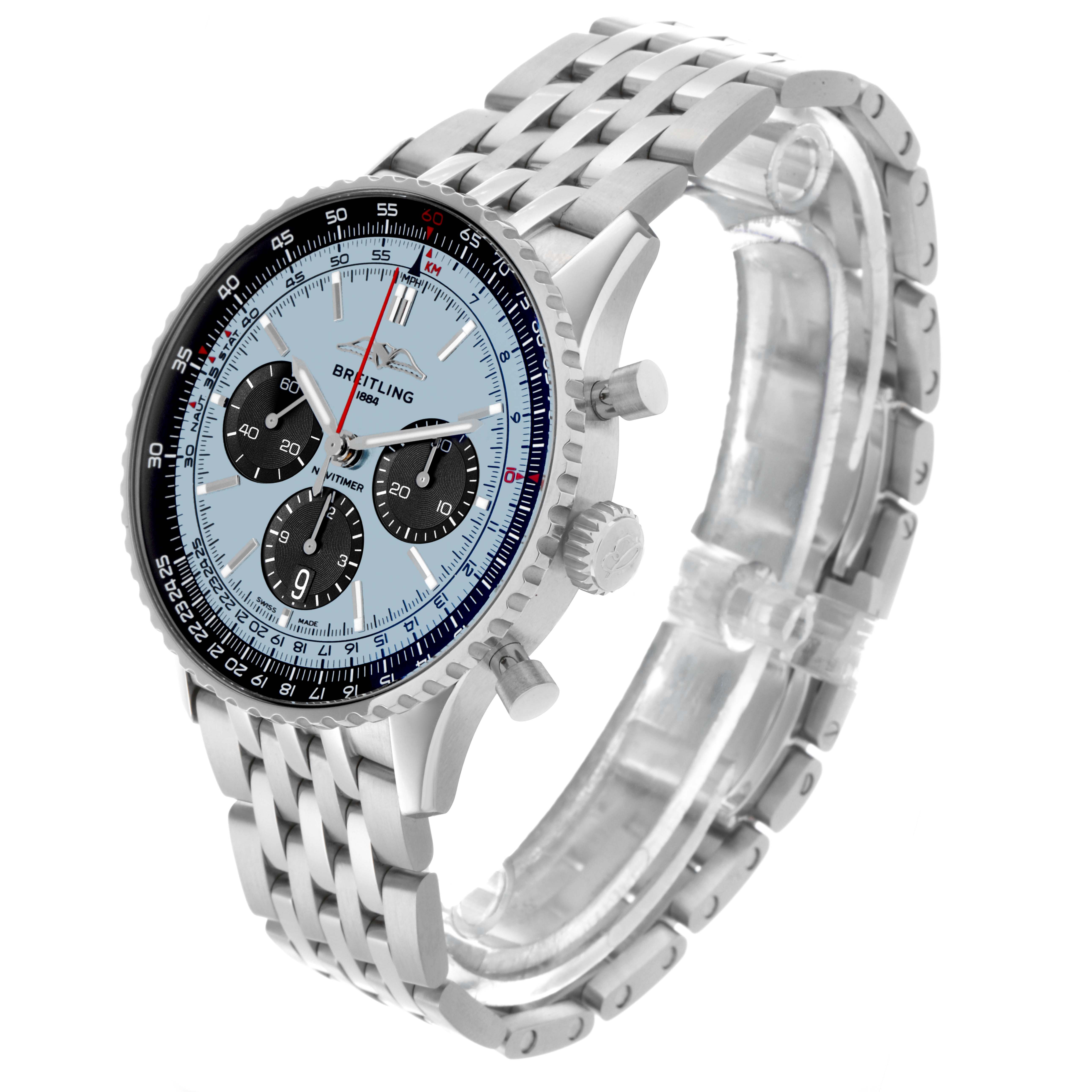 The Breitling Navitimer AB0138 Men's Stainless Steel Blue Dial AB0138 Men's Stainless Steel Blue Dial watch is shown at an angled side view, highlighting its face, bezel, bracelet, and chronograph buttons.