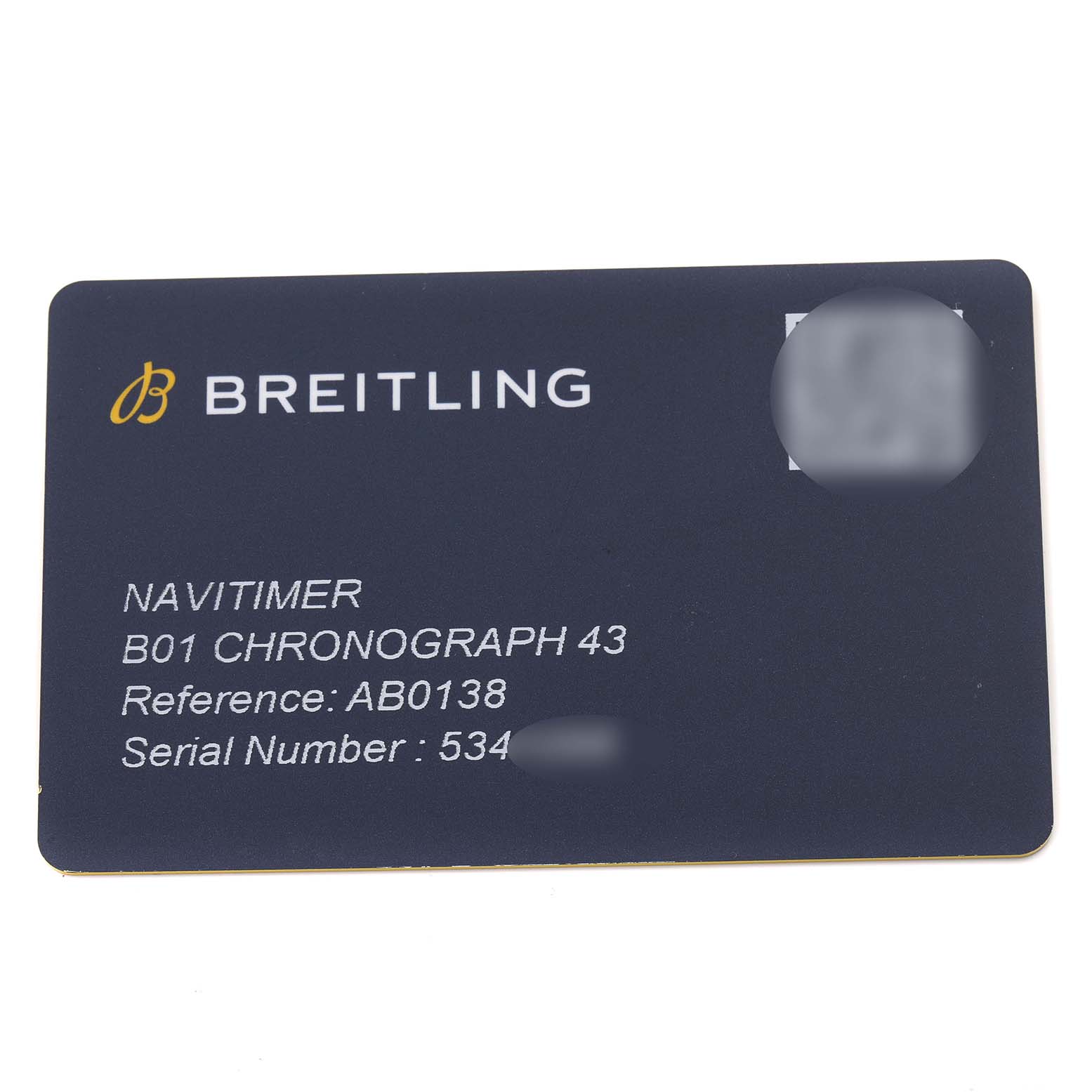 This image shows a warranty or authenticity card for a Breitling Navitimer AB0138 Men's Stainless Steel Blue Dial AB0138 Men's Stainless Steel Blue Dial B01 Chronograph 43 watch.