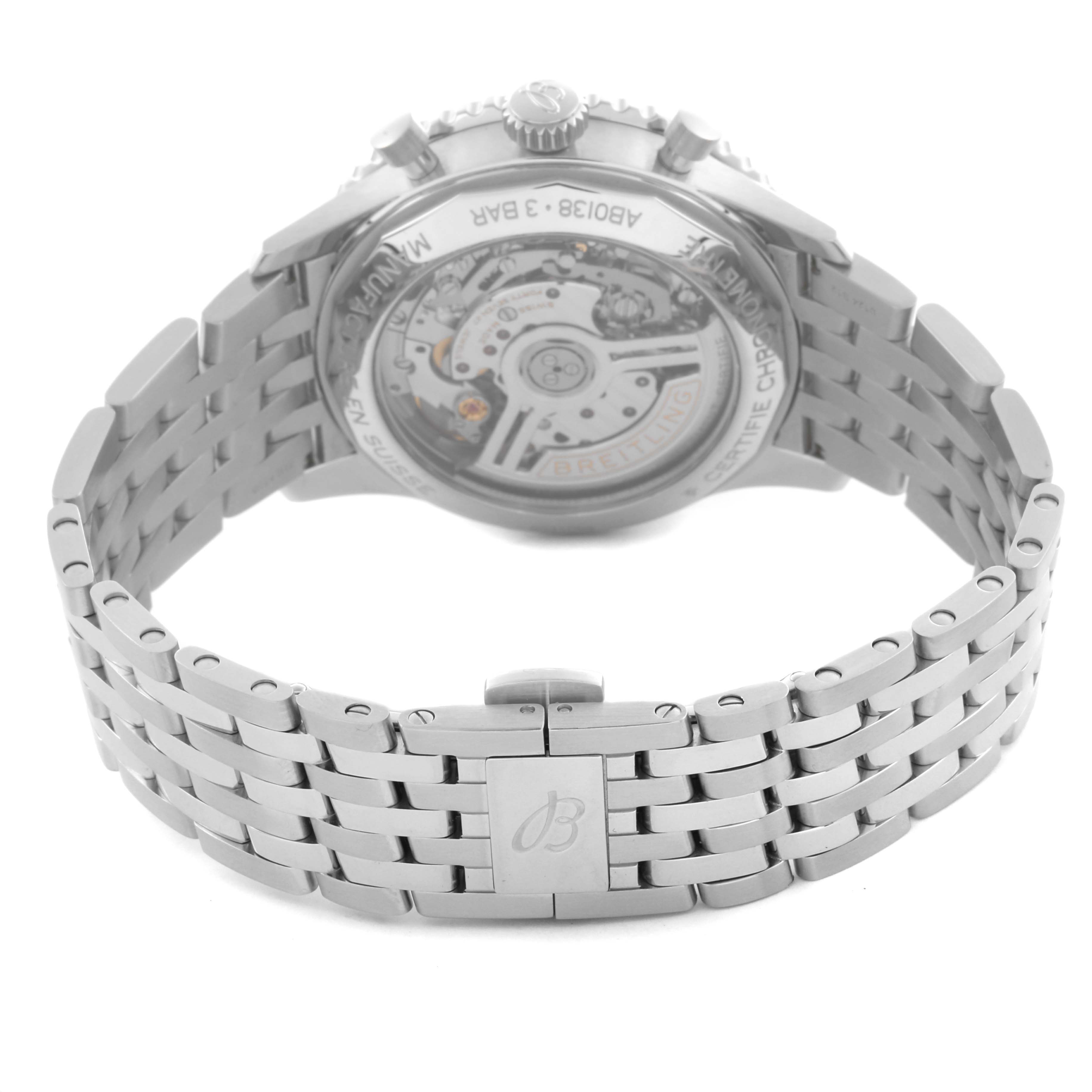 The image shows the back view of a Breitling Navitimer AB0138 Men's Stainless Steel Blue Dial AB0138 Men's Stainless Steel Blue Dial watch, focusing on the transparent case back and metal bracelet.