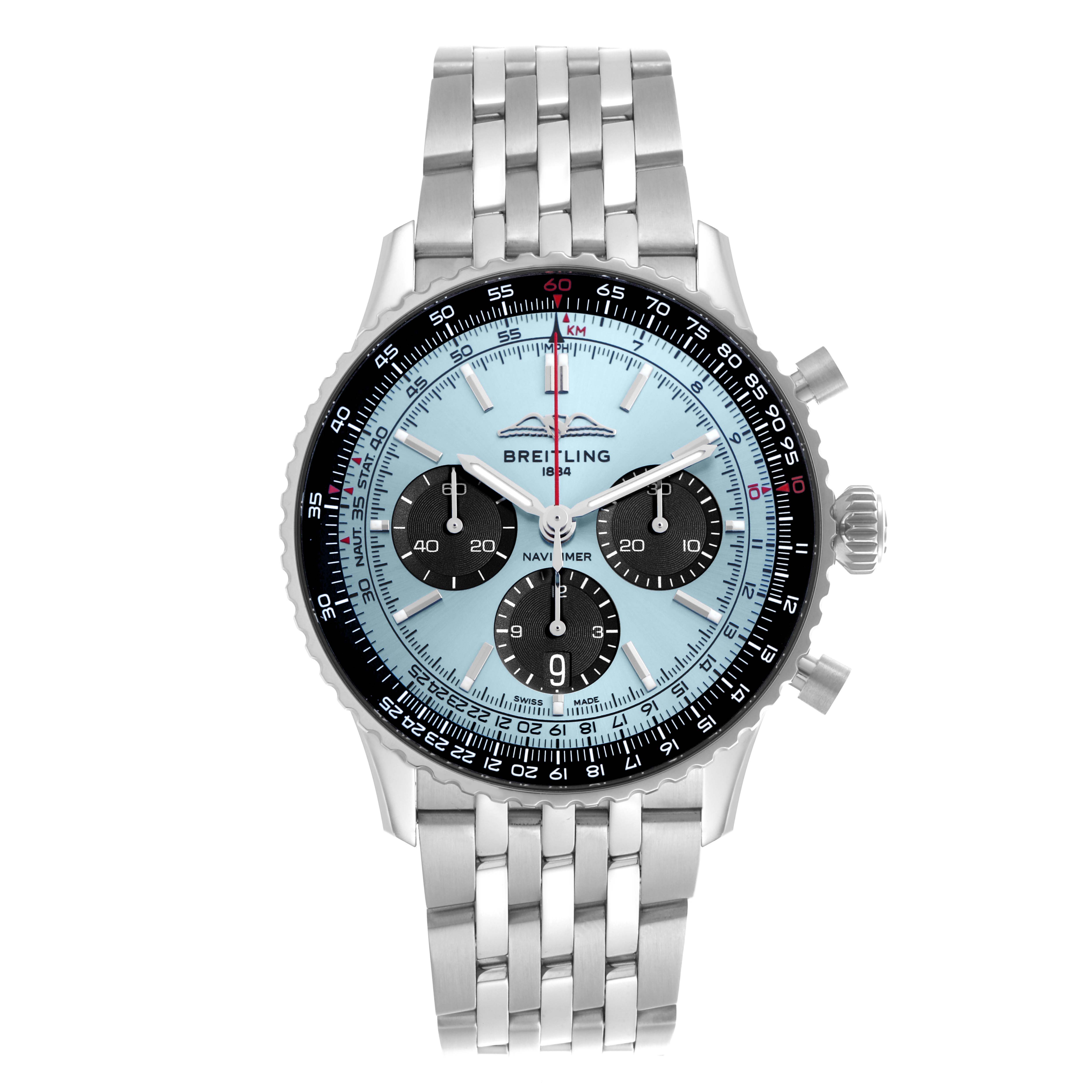 The Breitling Navitimer AB0138 Men's Stainless Steel Blue Dial AB0138 Men's Stainless Steel Blue Dial watch is shown from the front, displaying the face, bezel, subdials, and metal bracelet.