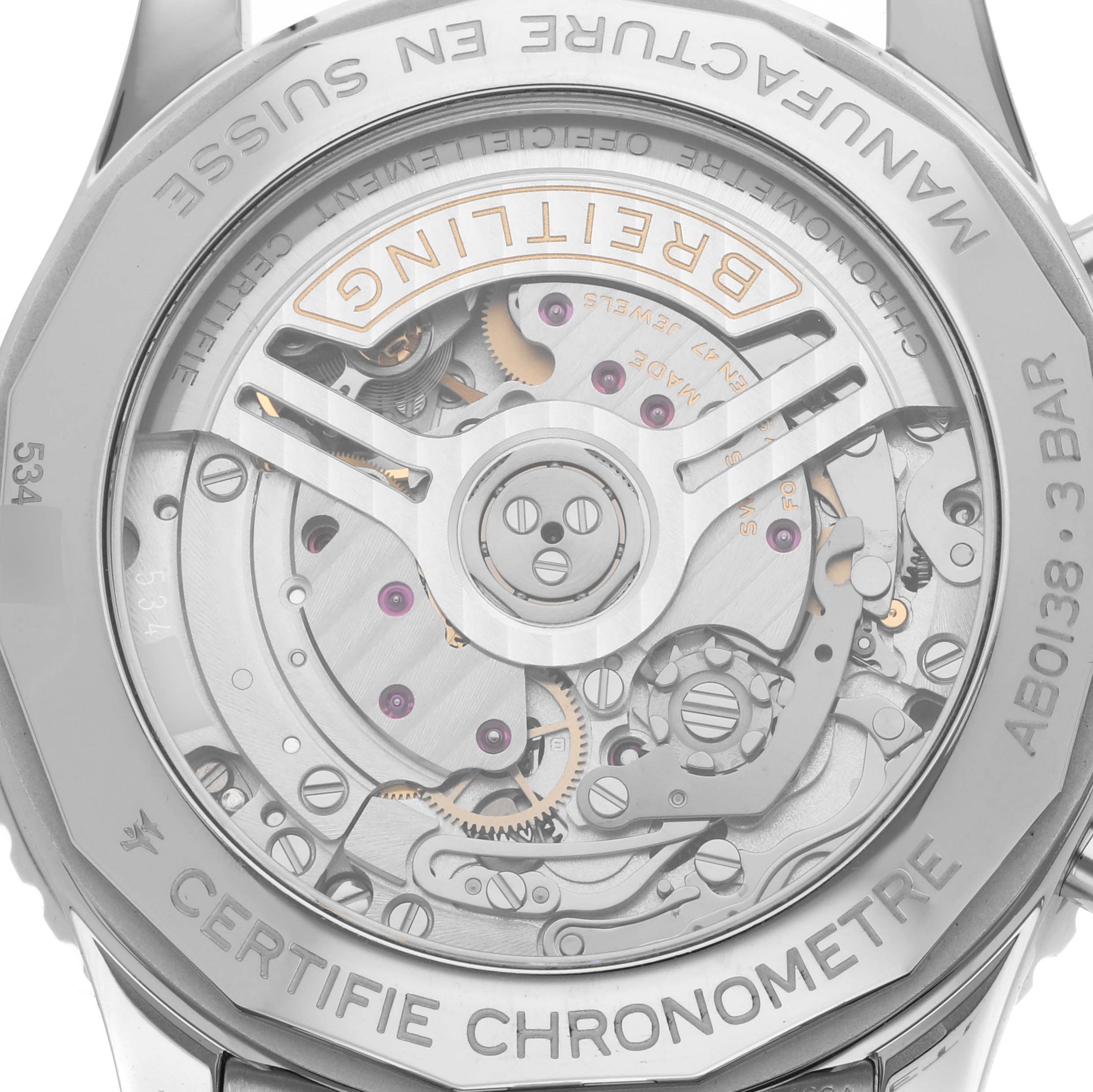 The image shows the back of the Breitling Navitimer AB0138 Men's Stainless Steel Blue Dial AB0138 Men's Stainless Steel Blue Dial watch, highlighting its intricate mechanical movement through a transparent case back.