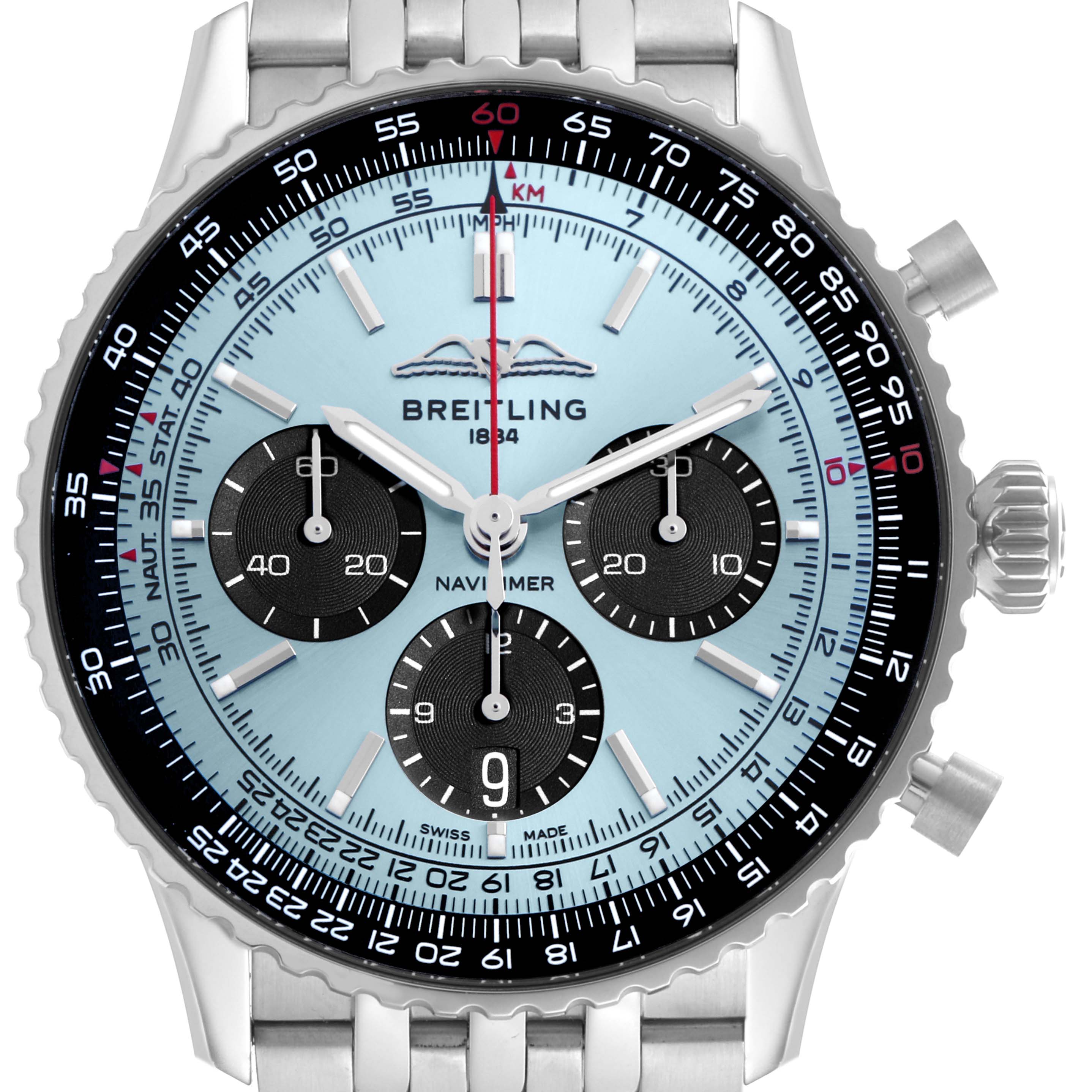 The image shows a frontal view of the Breitling Navitimer AB0138 Men's Stainless Steel Blue Dial AB0138 Men's Stainless Steel Blue Dial watch, highlighting its dial, subdials, bezel, and bracelet.