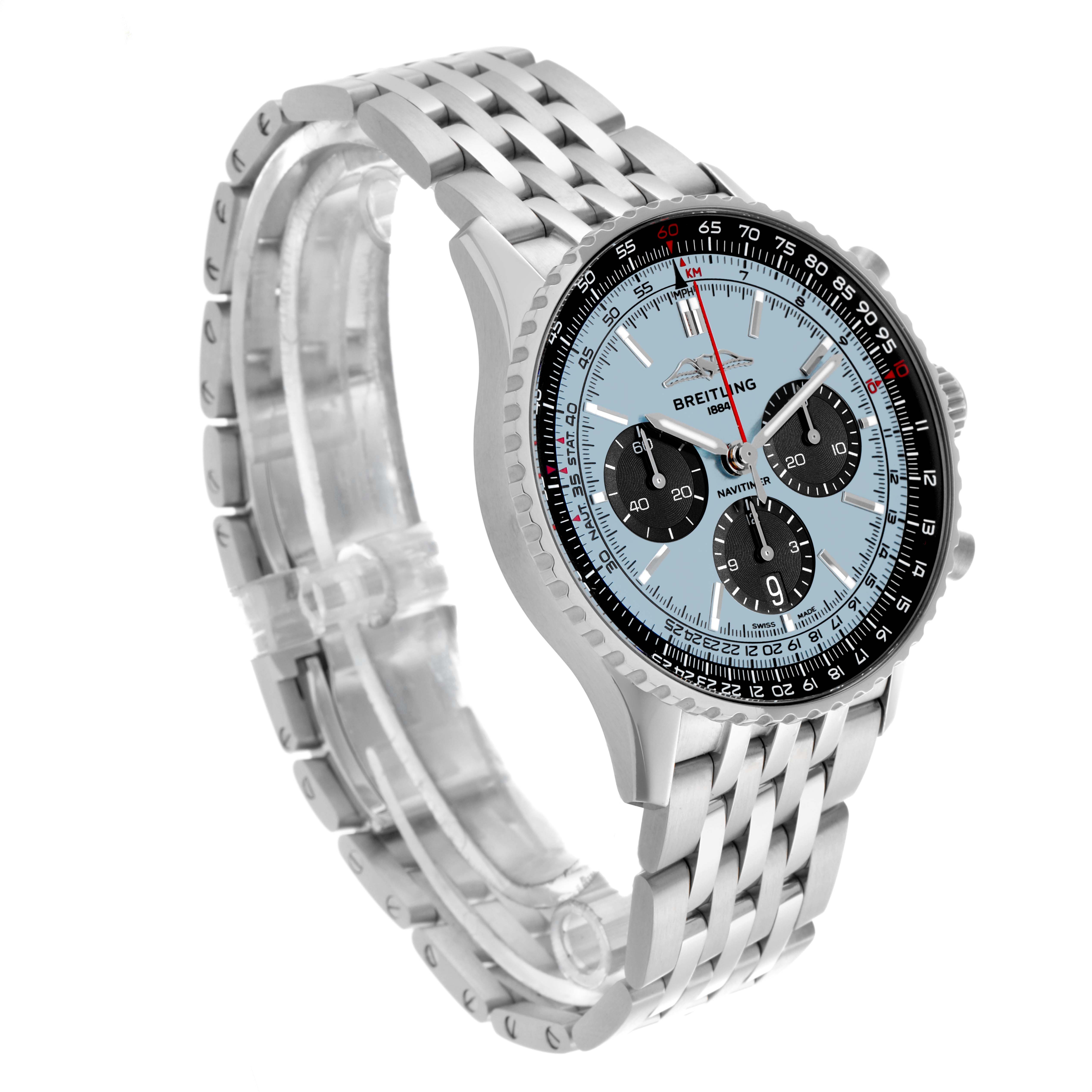 The Breitling Navitimer AB0138 Men's Stainless Steel Blue Dial AB0138 Men's Stainless Steel Blue Dial watch is shown at a three-quarter angle, displaying the dial, bezel, and metal bracelet clearly.