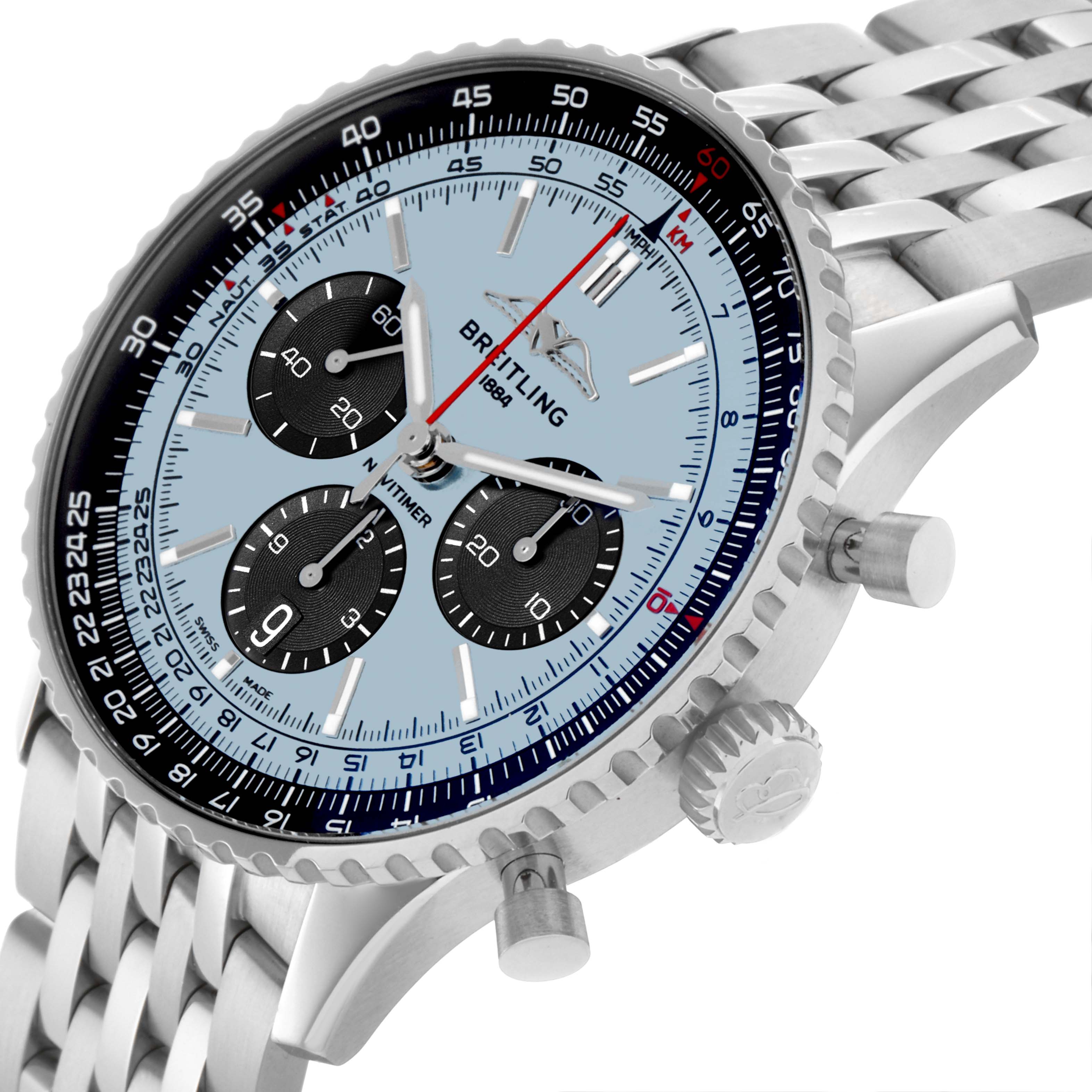 The image shows a Breitling Navitimer AB0138 Men's Stainless Steel Blue Dial AB0138 Men's Stainless Steel Blue Dial watch from a side angle, highlighting the dial, bezel, crown, and stainless steel bracelet.