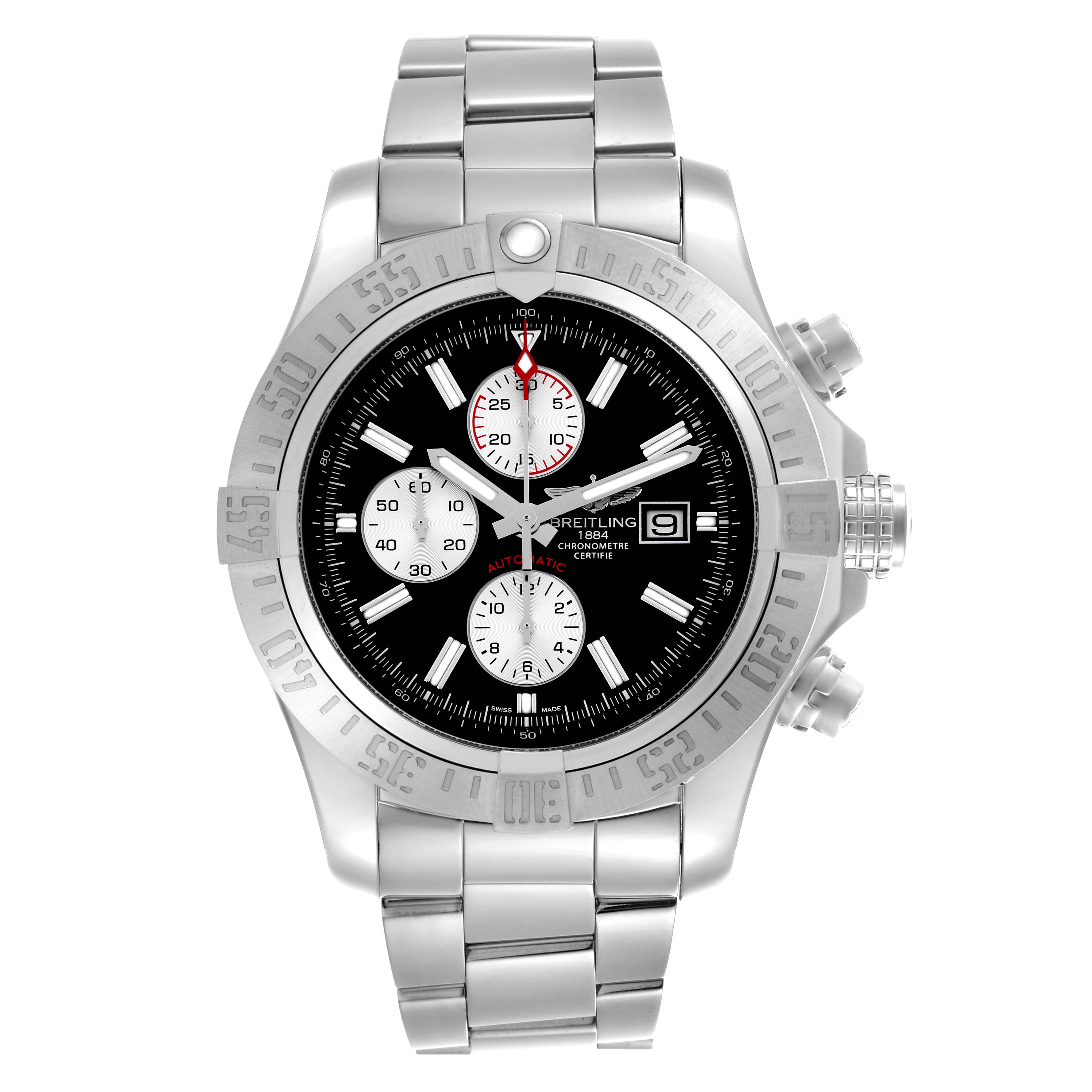 The Breitling Avenger A1337111/BC29 Men
s Stainless Steel Black Dial A1337111/BC29 Men
s Stainless Steel Black Dial watch is shown from the front, featuring its face, bezel, bracelet, and side pushers.