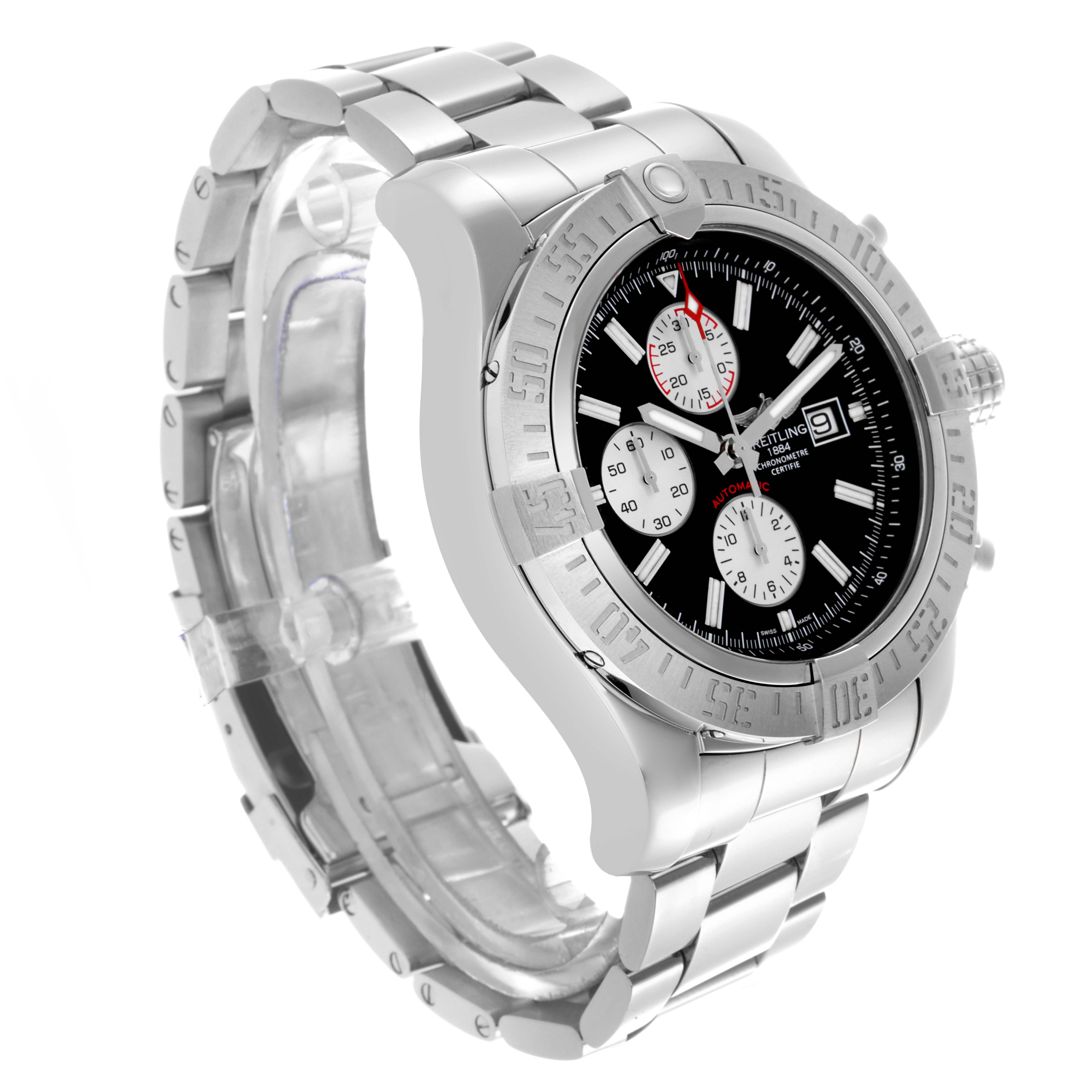 The Breitling Avenger A1337111/BC29 Men
s Stainless Steel Black Dial A1337111/BC29 Men
s Stainless Steel Black Dial watch is shown at a three-quarter angle, highlighting the bezel, dial, and metal bracelet.