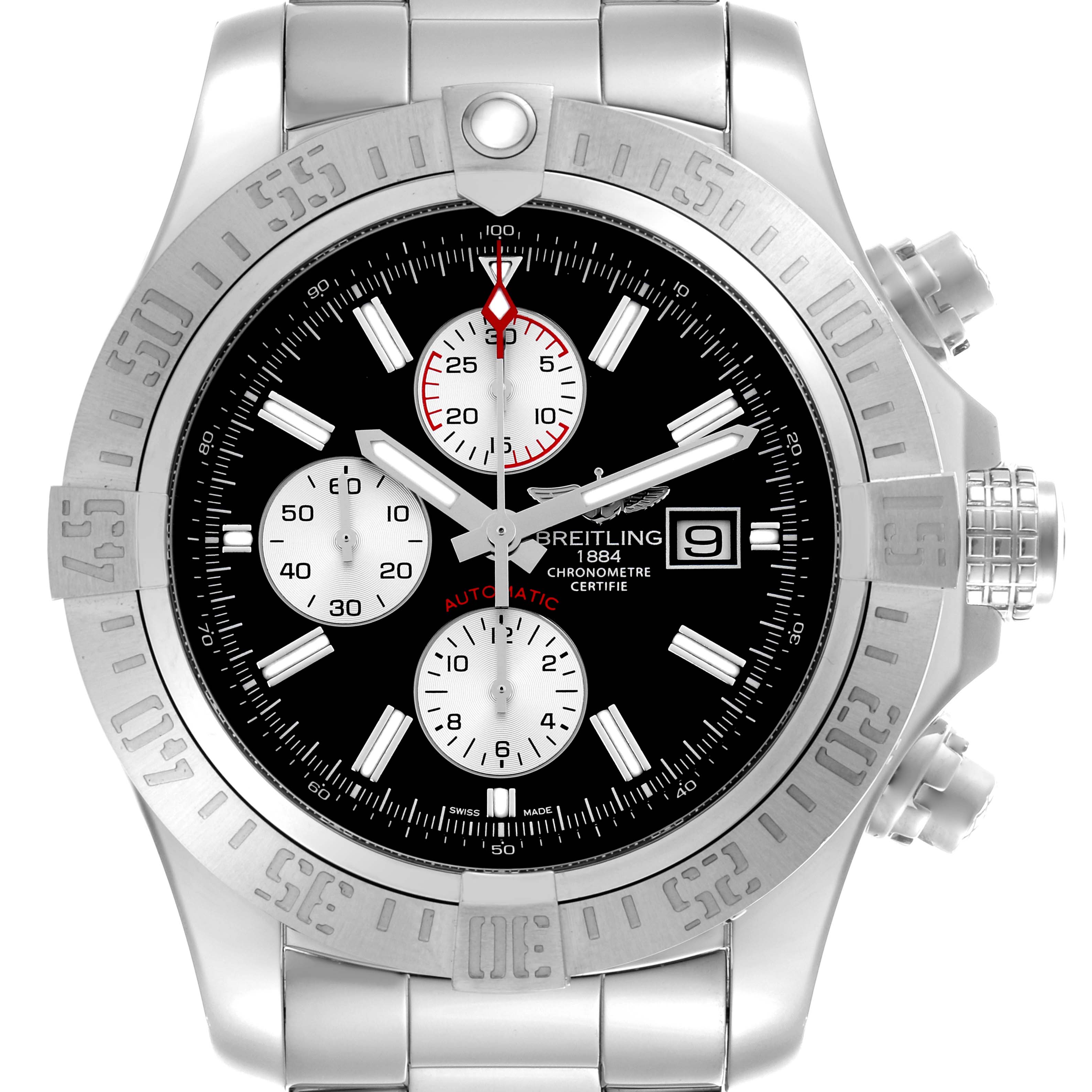 The Breitling Avenger A1337111/BC29 Men
s Stainless Steel Black Dial A1337111/BC29 Men
s Stainless Steel Black Dial watch is shown from the front, displaying the dial, bezel, chronograph subdials, crown, and pushers.