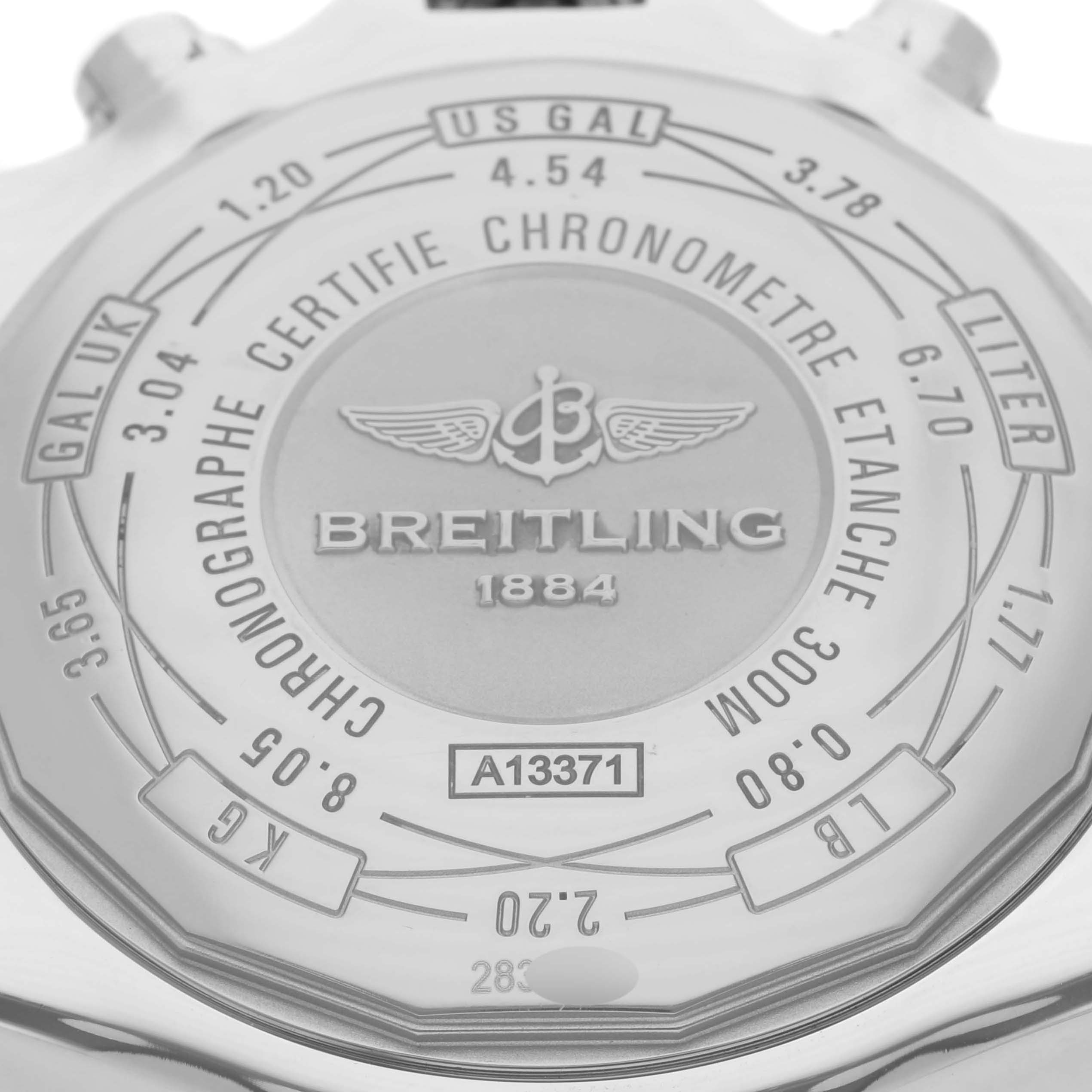 The image shows the back case of a Breitling Avenger A1337111/BC29 Men
s Stainless Steel Black Dial A1337111/BC29 Men
s Stainless Steel Black Dial watch, displaying the logo, text, and specifications.