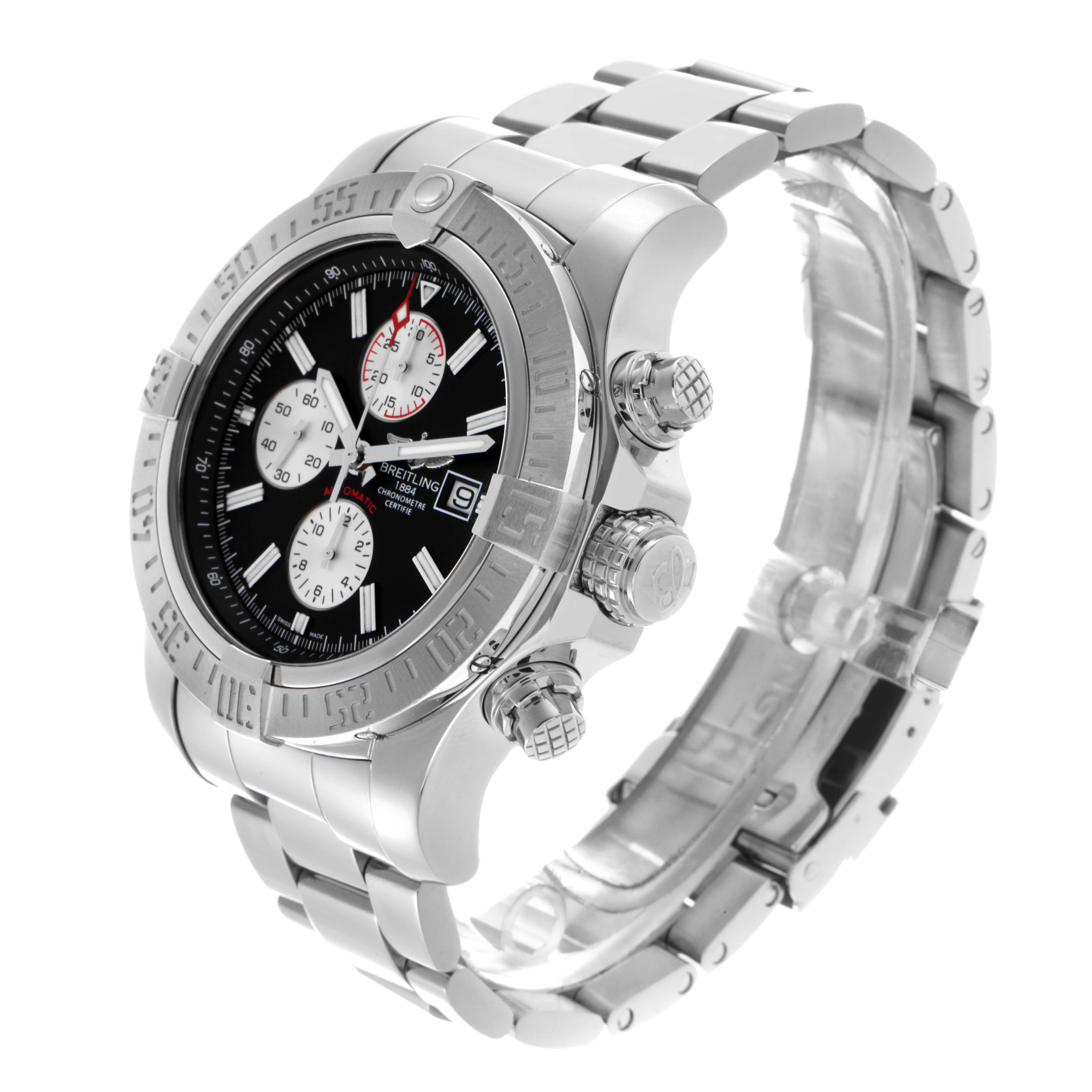 The Breitling Avenger A1337111/BC29 Men
s Stainless Steel Black Dial A1337111/BC29 Men
s Stainless Steel Black Dial watch is shown in a side angle, displaying the bezel, dial, crown, pushers, and bracelet.