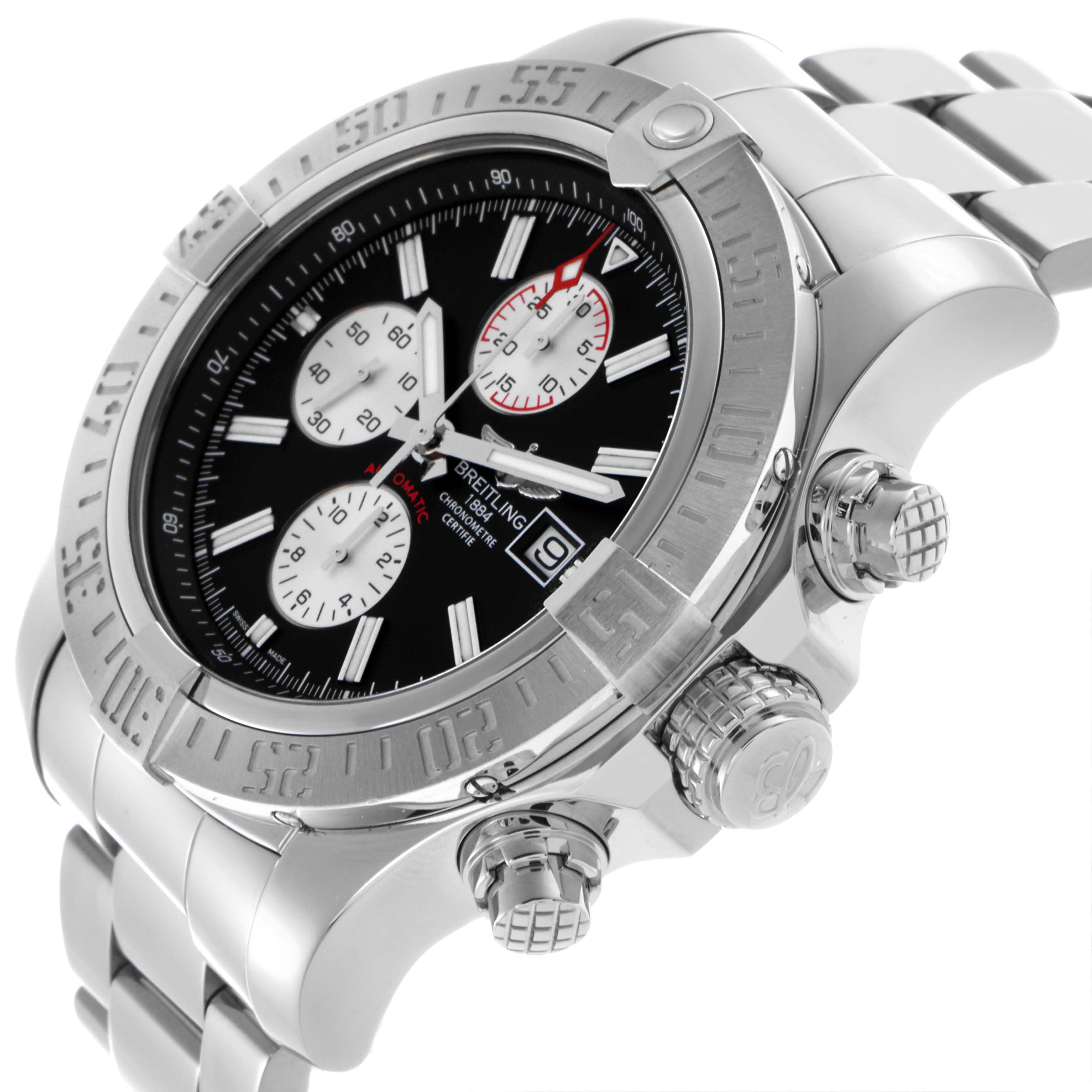 The Breitling Avenger A1337111/BC29 Men
s Stainless Steel Black Dial A1337111/BC29 Men
s Stainless Steel Black Dial watch is shown from a three-quarter angle, displaying its face, bezel, pushers, and part of the bracelet.