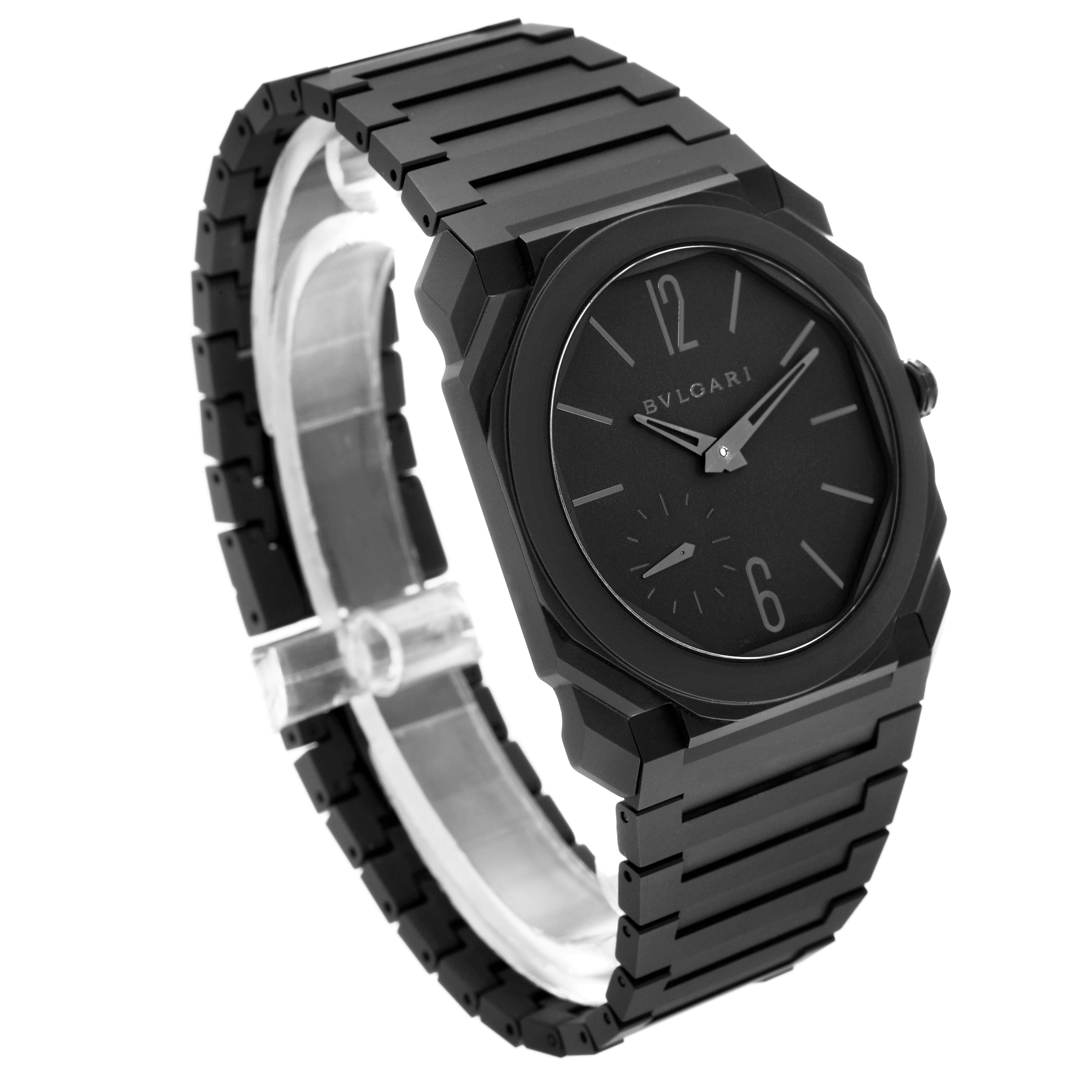 The image shows a Bvlgari Octo 103077 Men's Ceramic Black Dial 103077 Men's Ceramic Black Dial watch from a three-quarter angle, highlighting its bracelet and minimalist dial.