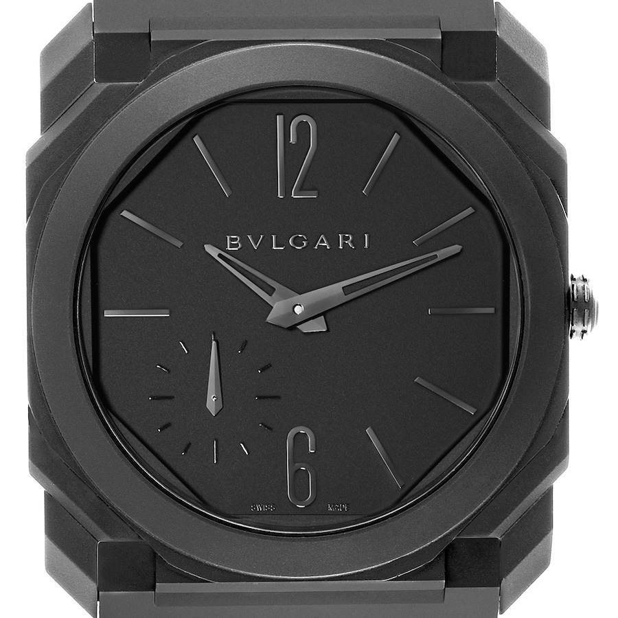 This image shows a front view of the Bvlgari Octo model watch, detailing its black dial, hour markers, and hands.