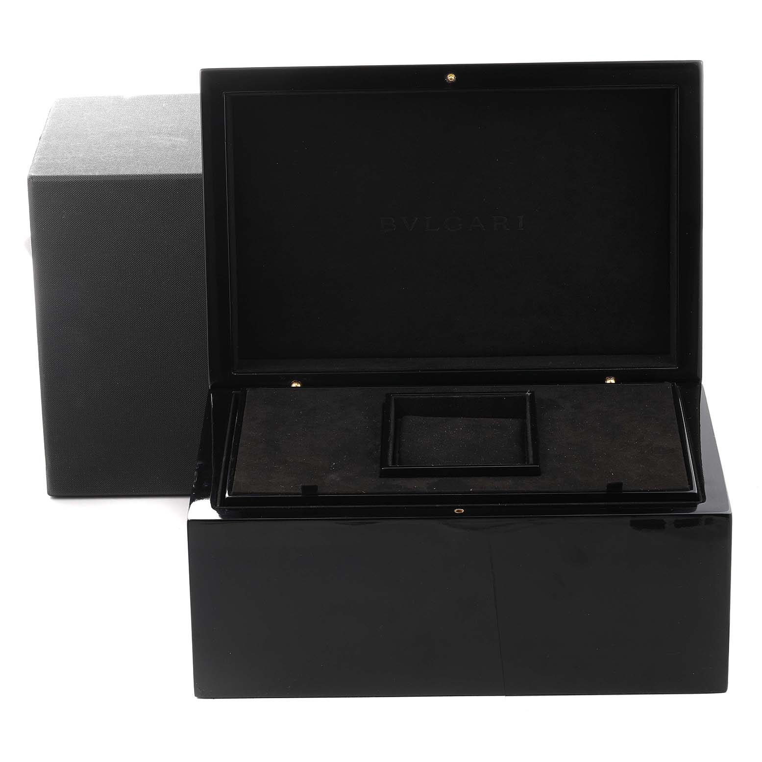 This image shows an open black storage box for the Bvlgari Octo 103077 Men's Ceramic Black Dial 103077 Men's Ceramic Black Dial model watch, with the interior and compartment visible.