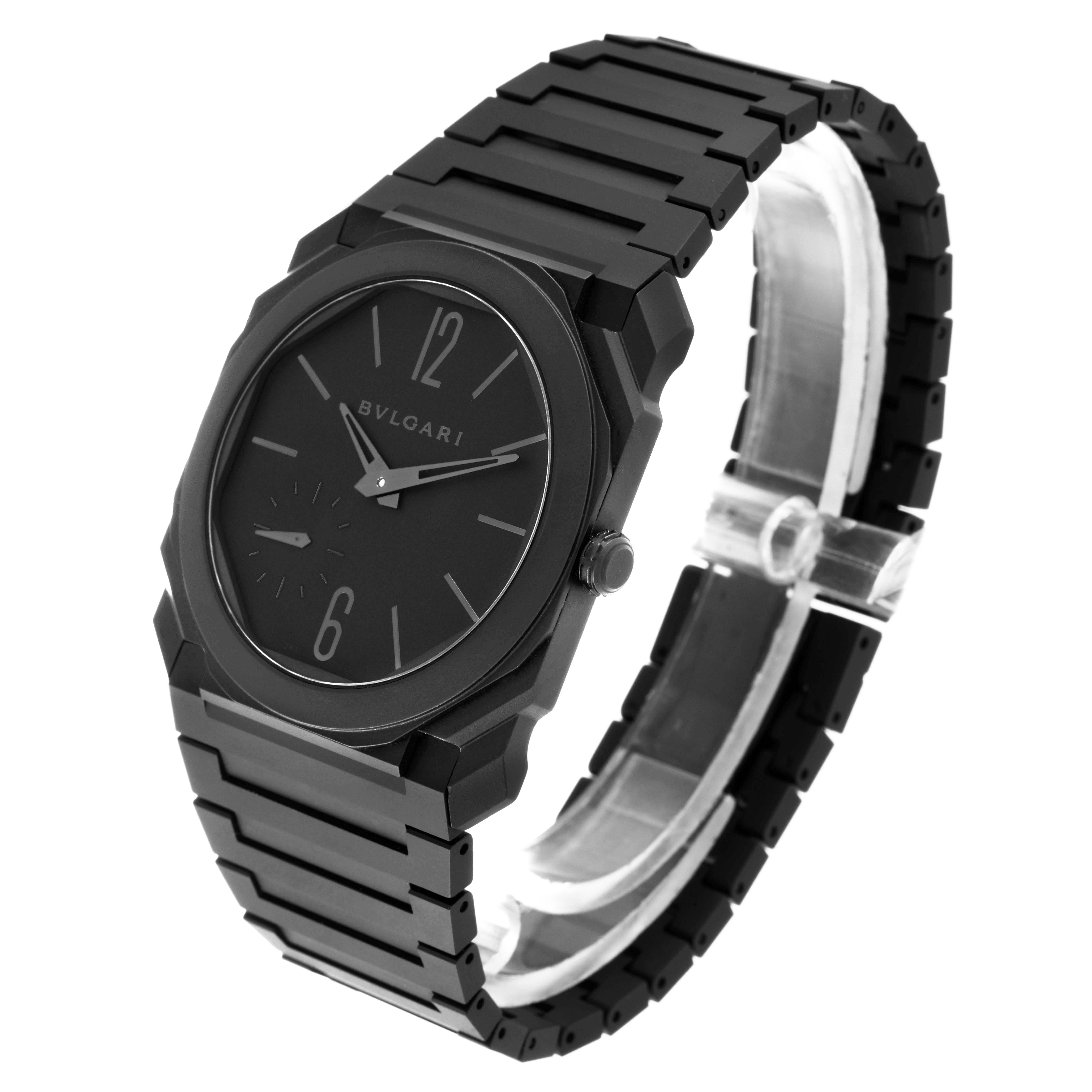 The image shows the Bvlgari Octo 103077 Men's Ceramic Black Dial 103077 Men's Ceramic Black Dial watch at a slight side angle, highlighting the face, bezel, crown, and bracelet.