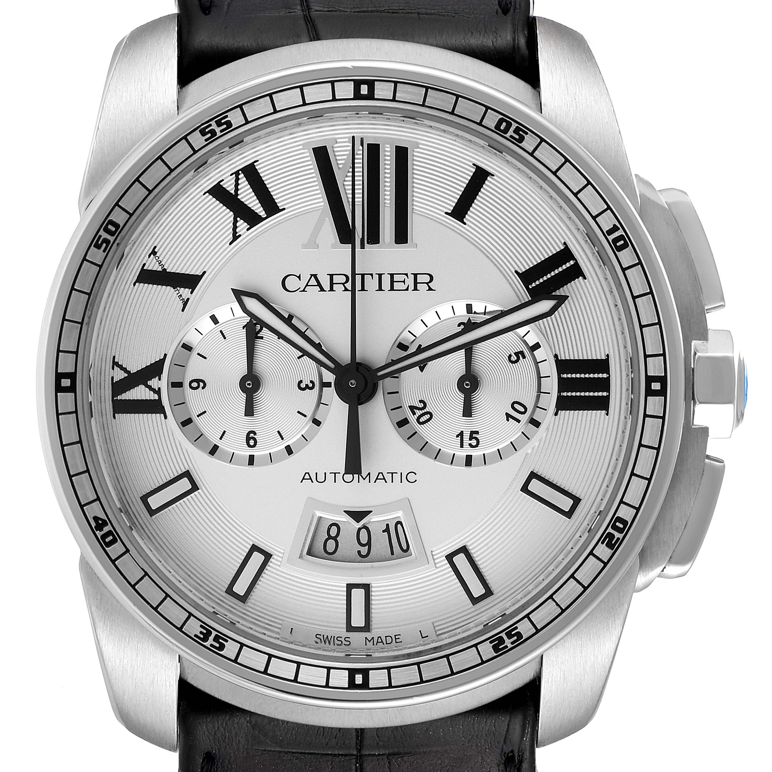 The image shows a front view of the Calibre de Cartier watch by Cartier, highlighting its dial, hands, subdials, and date window.