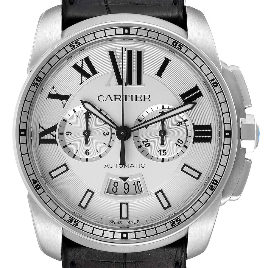 Calibre De Cartier Chronograph Silver Dial Steel Mens Watch W7100046 SwissWatchExpo