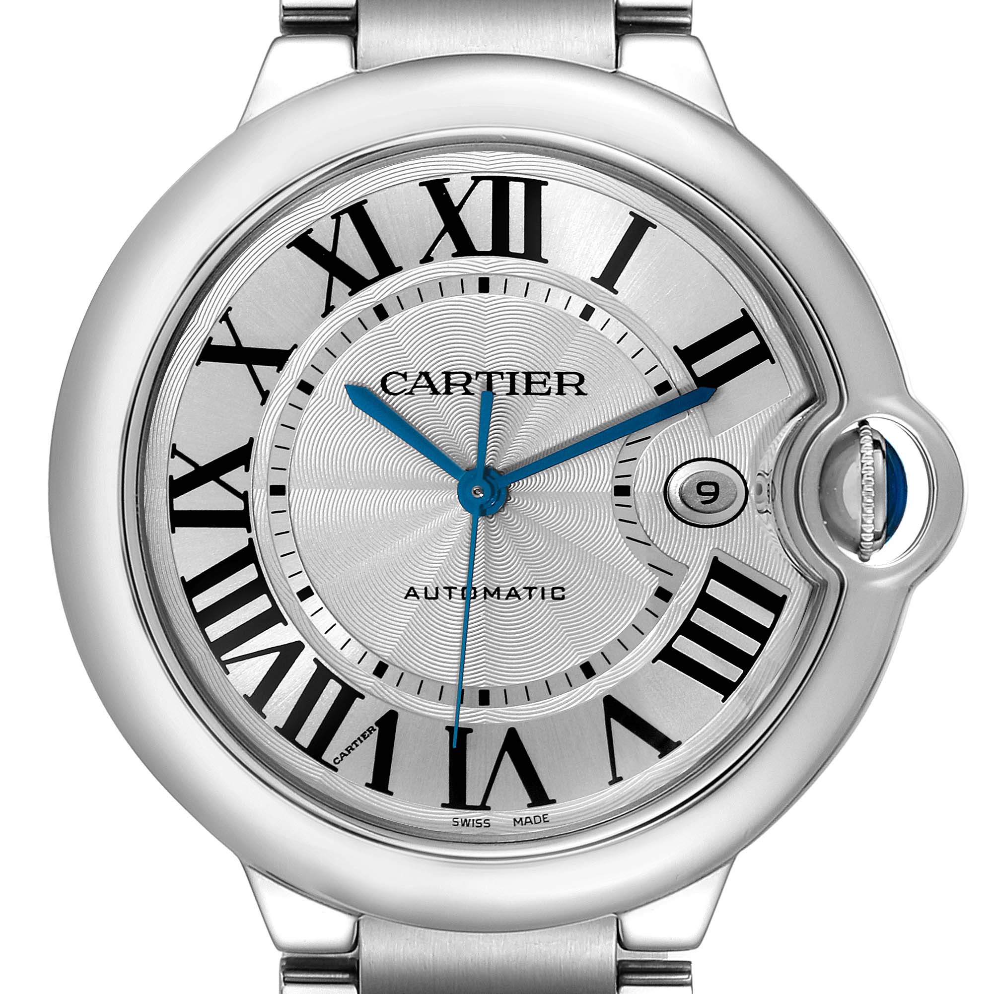 The Ballon Bleu de Cartier watch is shown from the front, displaying the dial, blue hands, Roman numerals, and unique crown design.