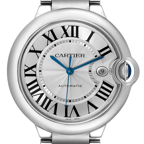 The Cartier Ballon Bleu W69012Z4 Men's Stainless Steel Silver Dial watch is shown from a front angle, highlighting its face, Roman numerals, date window, and distinctive crown.