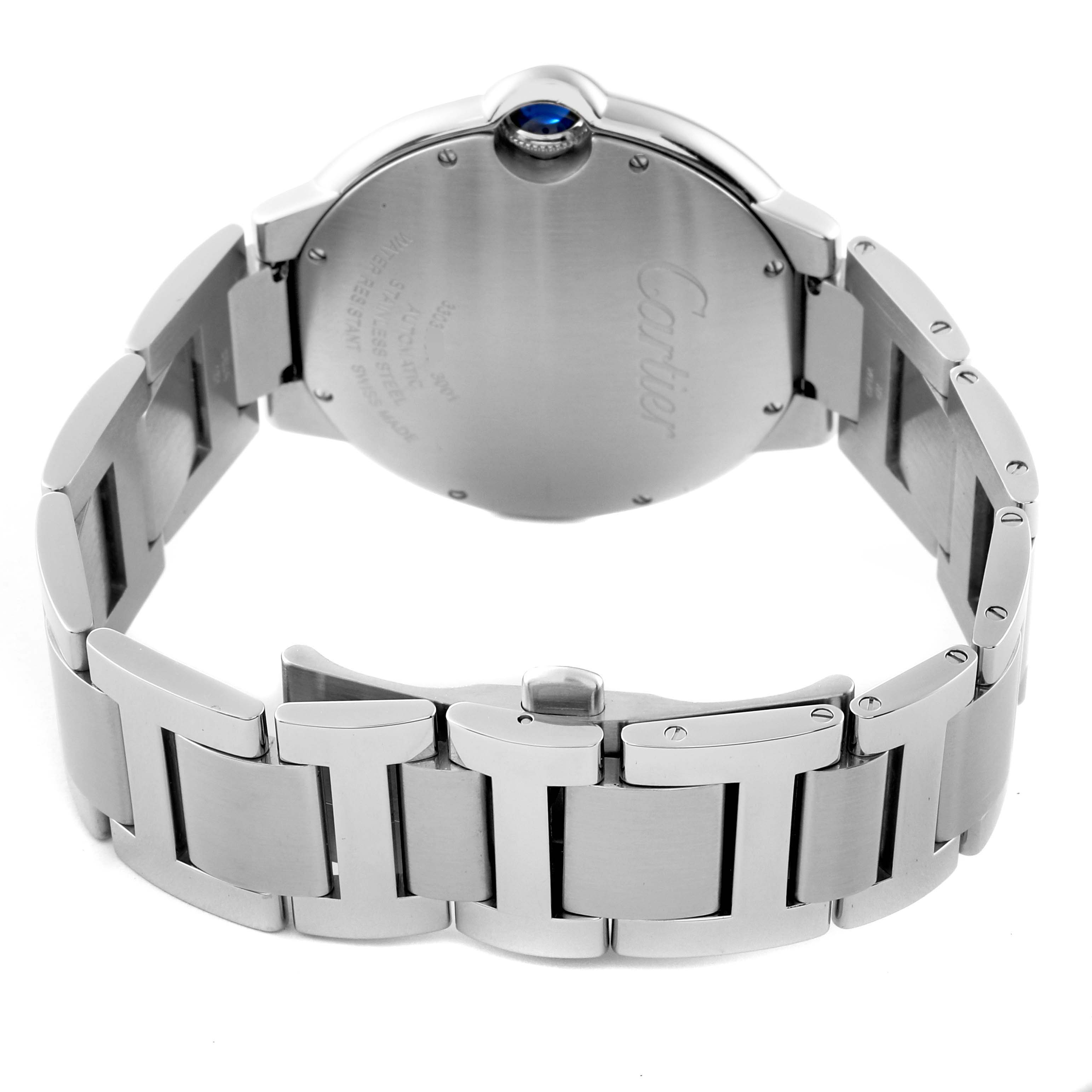 The image shows the back of the Cartier Ballon Bleu W69012Z4 Men's Stainless Steel Silver Dial watch, highlighting the case and metal bracelet links.