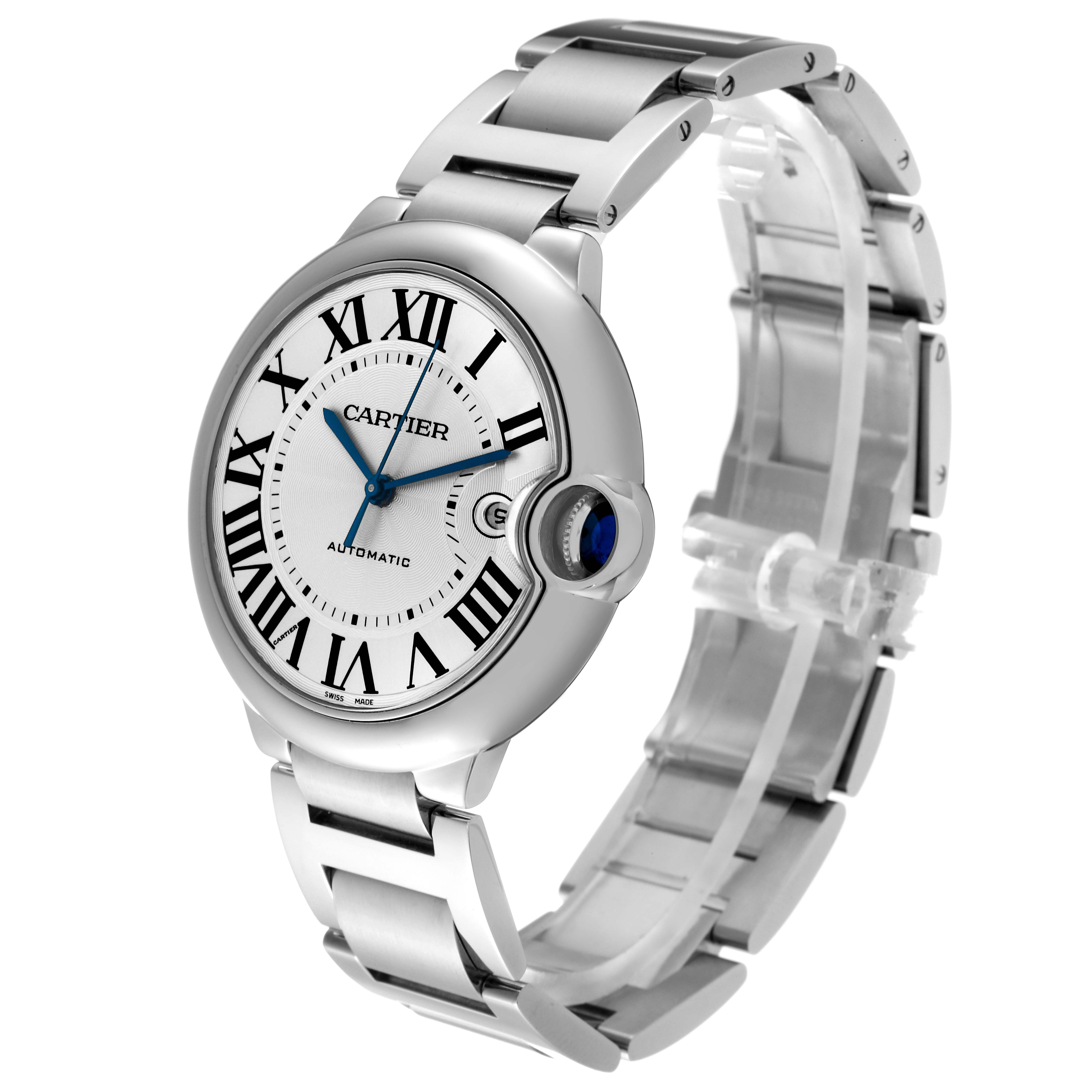 The Cartier Ballon Bleu W69012Z4 Men's Stainless Steel Silver Dial watch is shown at a three-quarter angle displaying the face, crown, and metal bracelet.