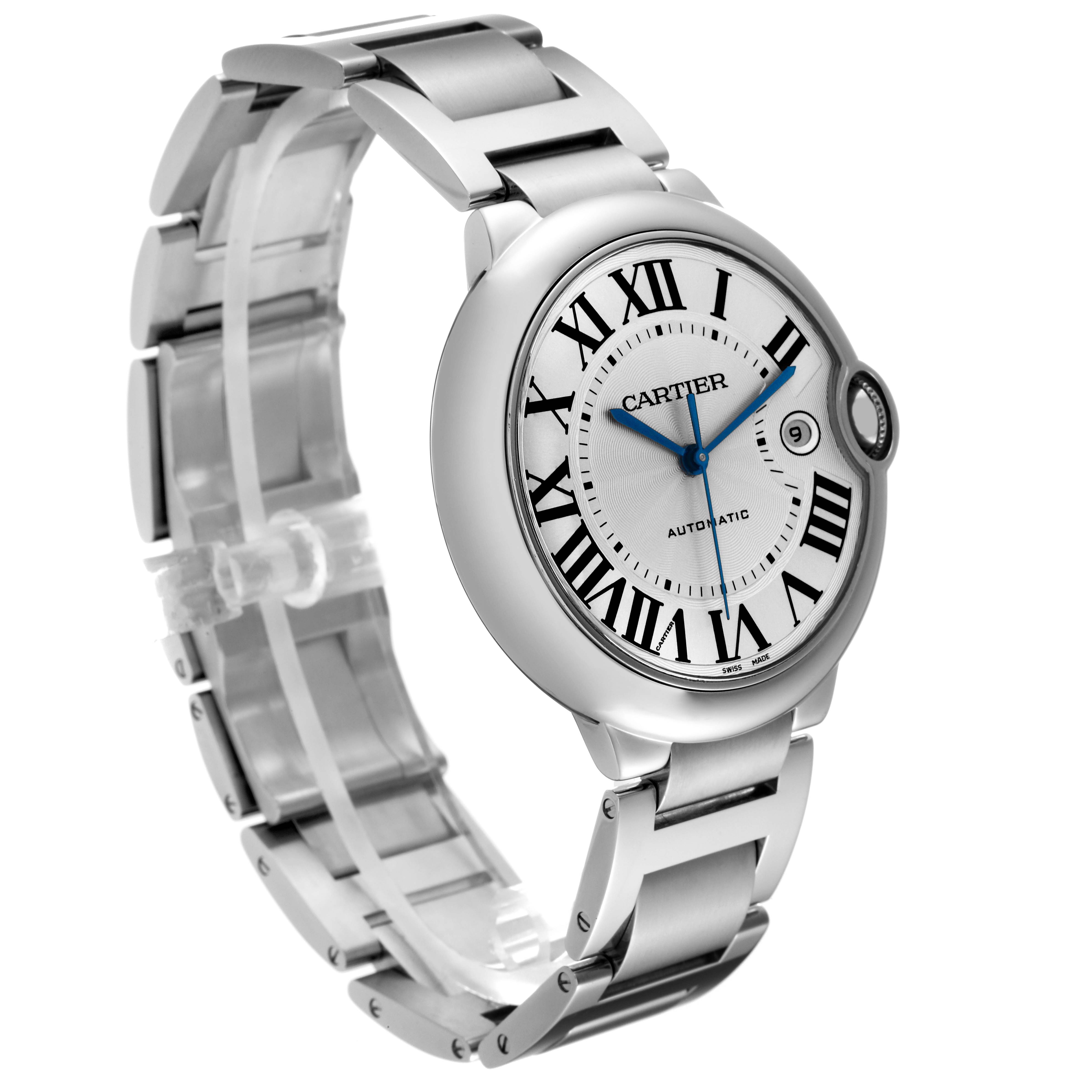 The Cartier Ballon Bleu W69012Z4 Men's Stainless Steel Silver Dial watch is angled to show its face, Roman numerals, blue hands, and metal bracelet.