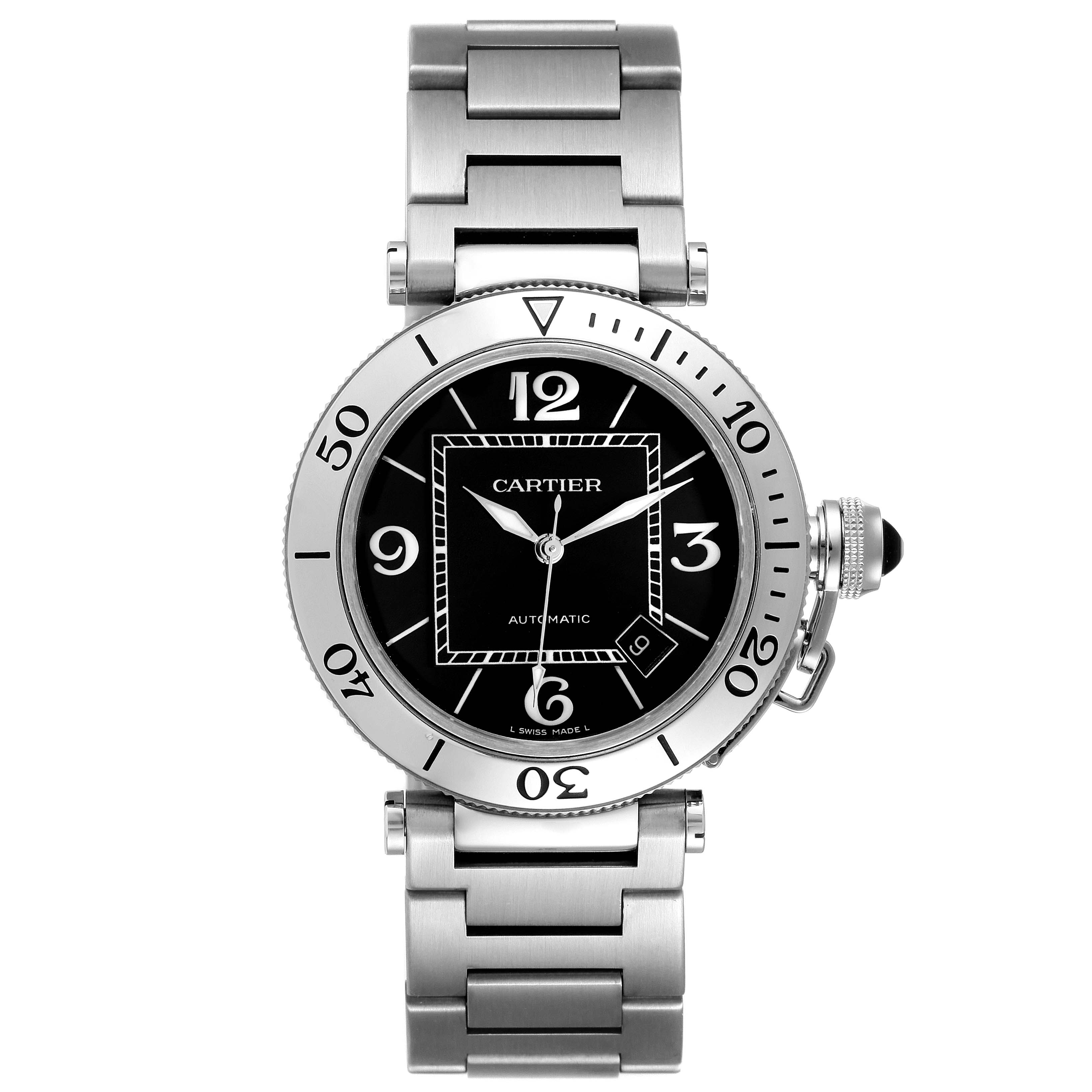 This image shows a frontal view of the Cartier Pasha W31077M7 Men
s Stainless Steel Black Dial W31077M7 Men
s Stainless Steel Black Dial model watch, displaying its dial, bezel, and strap.