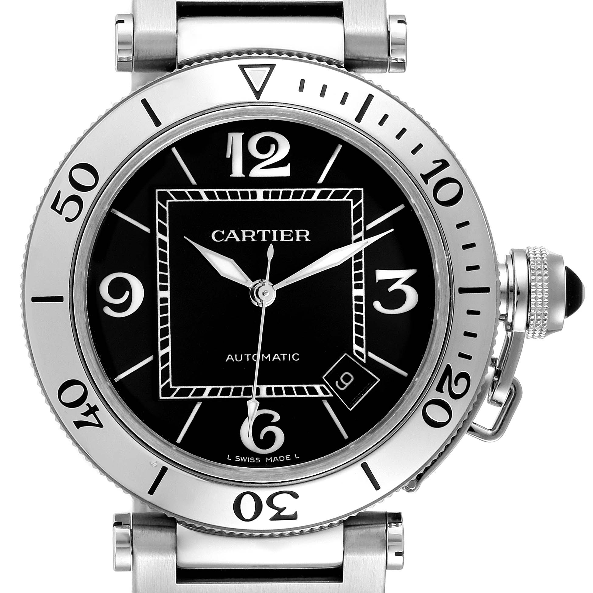 The image shows a front view of a Cartier Pasha W31077M7 Men
s Stainless Steel Black Dial W31077M7 Men
s Stainless Steel Black Dial watch, highlighting its bezel, dial, and crown.