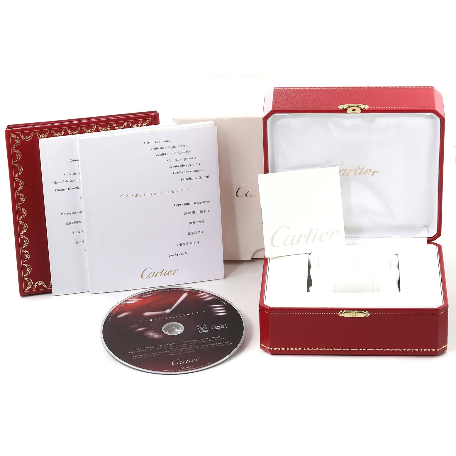 This image shows a Cartier Pasha W31077M7 Men
s Stainless Steel Black Dial W31077M7 Men
s Stainless Steel Black Dial watch packaging, including the box, manuals, and a CD, at a front angle.