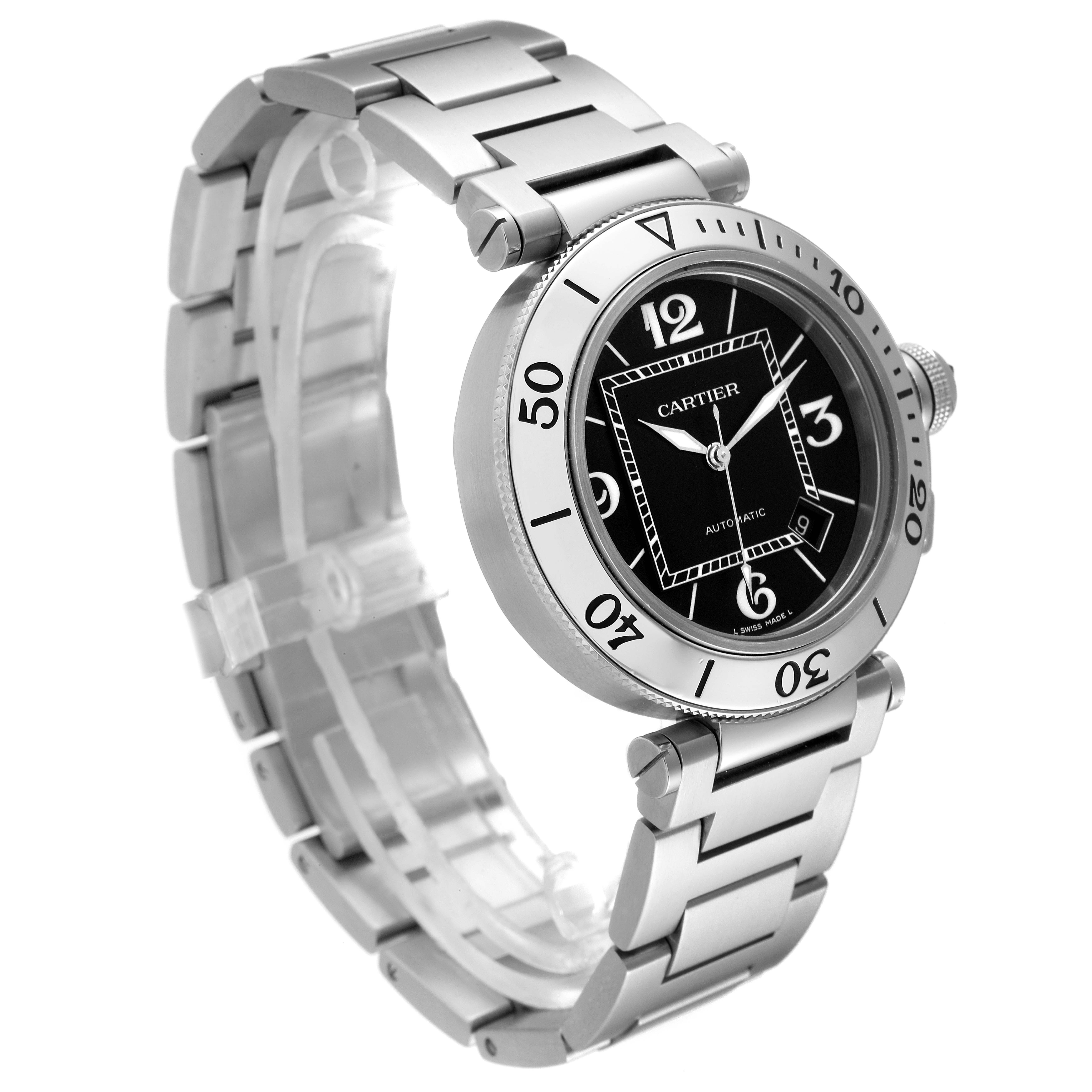 The Cartier Pasha W31077M7 Men
s Stainless Steel Black Dial W31077M7 Men
s Stainless Steel Black Dial watch is shown from a 3/4 angle displaying its stainless steel strap, black dial, and bezel.