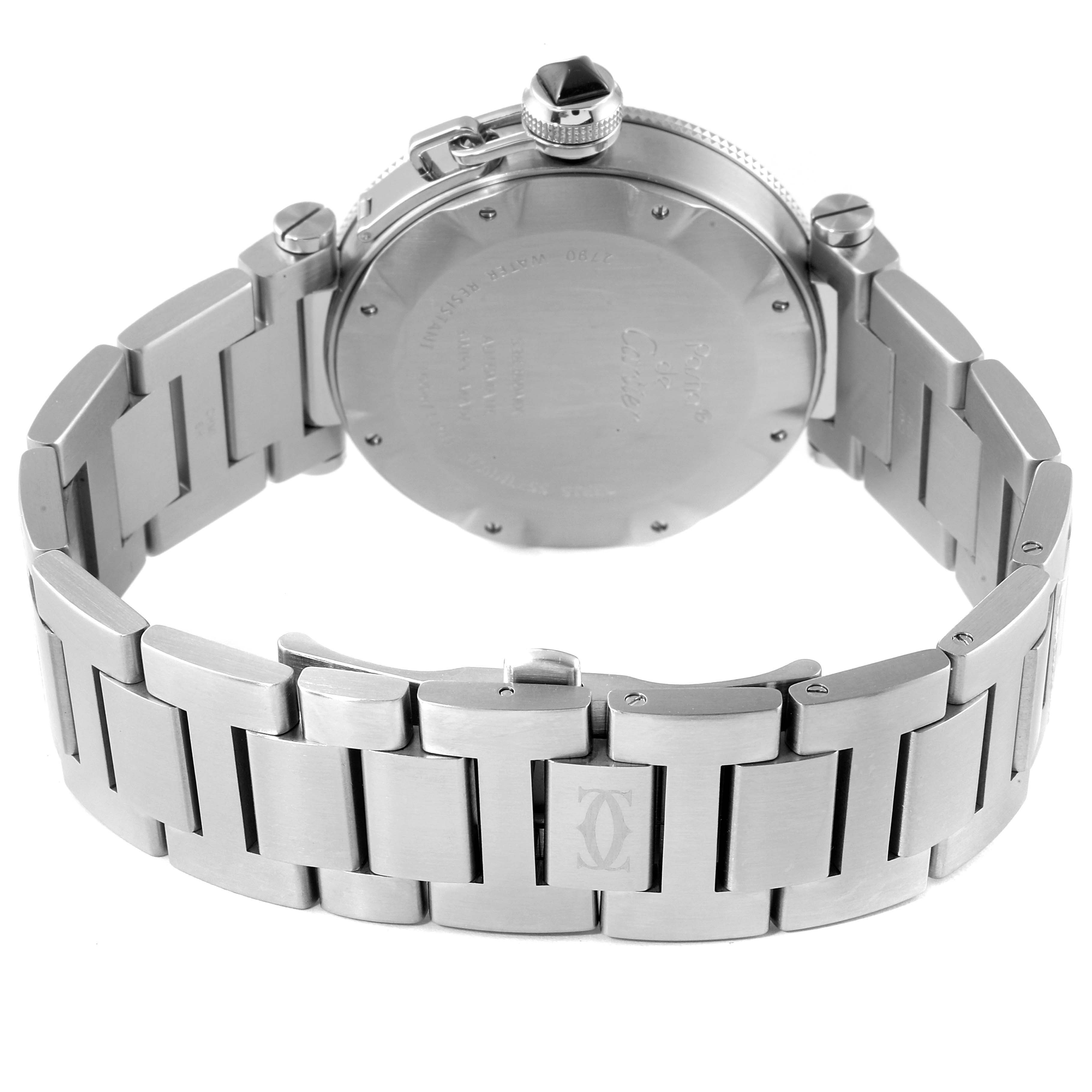 The image shows the backside and metal bracelet of the Cartier Pasha W31077M7 Men
s Stainless Steel Black Dial W31077M7 Men
s Stainless Steel Black Dial watch at an angled view.