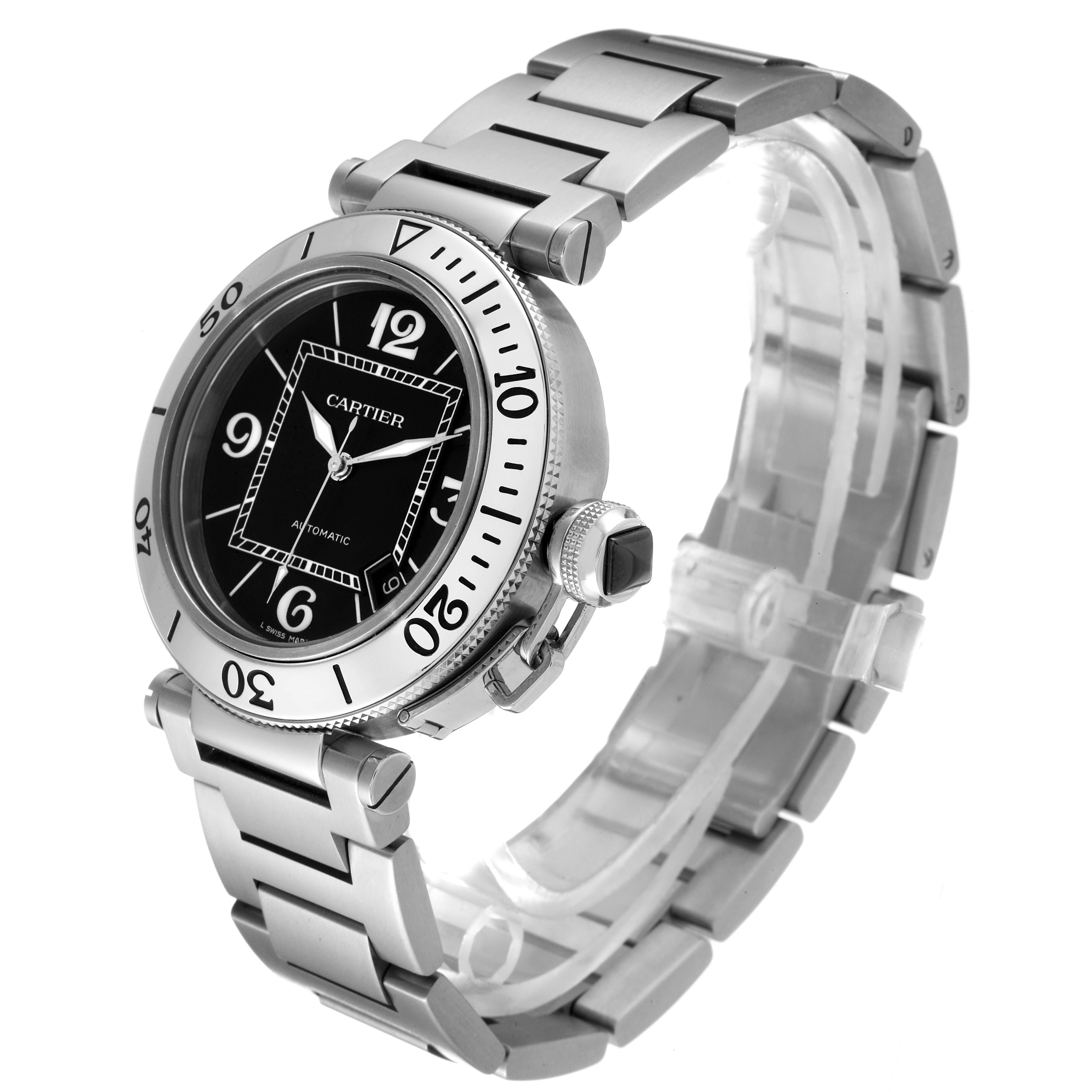 The Cartier Pasha W31077M7 Men
s Stainless Steel Black Dial W31077M7 Men
s Stainless Steel Black Dial watch is shown at a slight angle, displaying its face, bezel, crown, and metal bracelet.