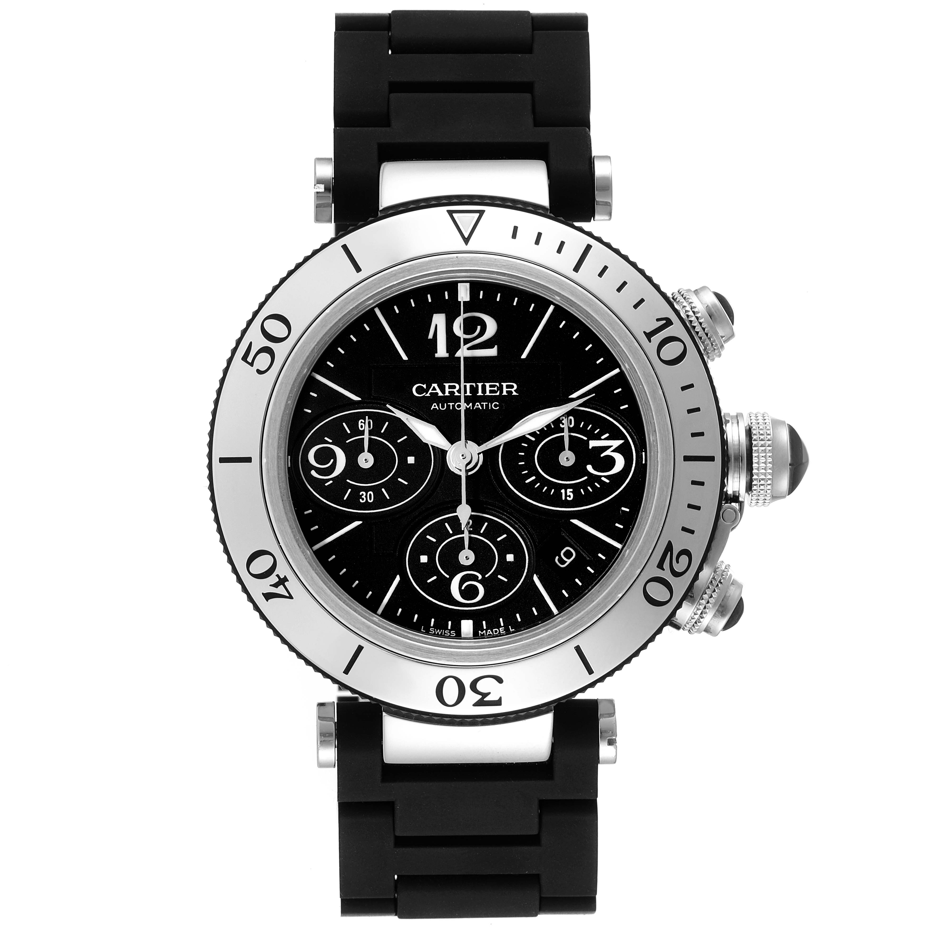 The image shows a front view of the Cartier Pasha W31088U2 Men
s Stainless Steel Black Dial W31088U2 Men
s Stainless Steel Black Dial watch, showcasing the dial, bezel, and part of the strap.